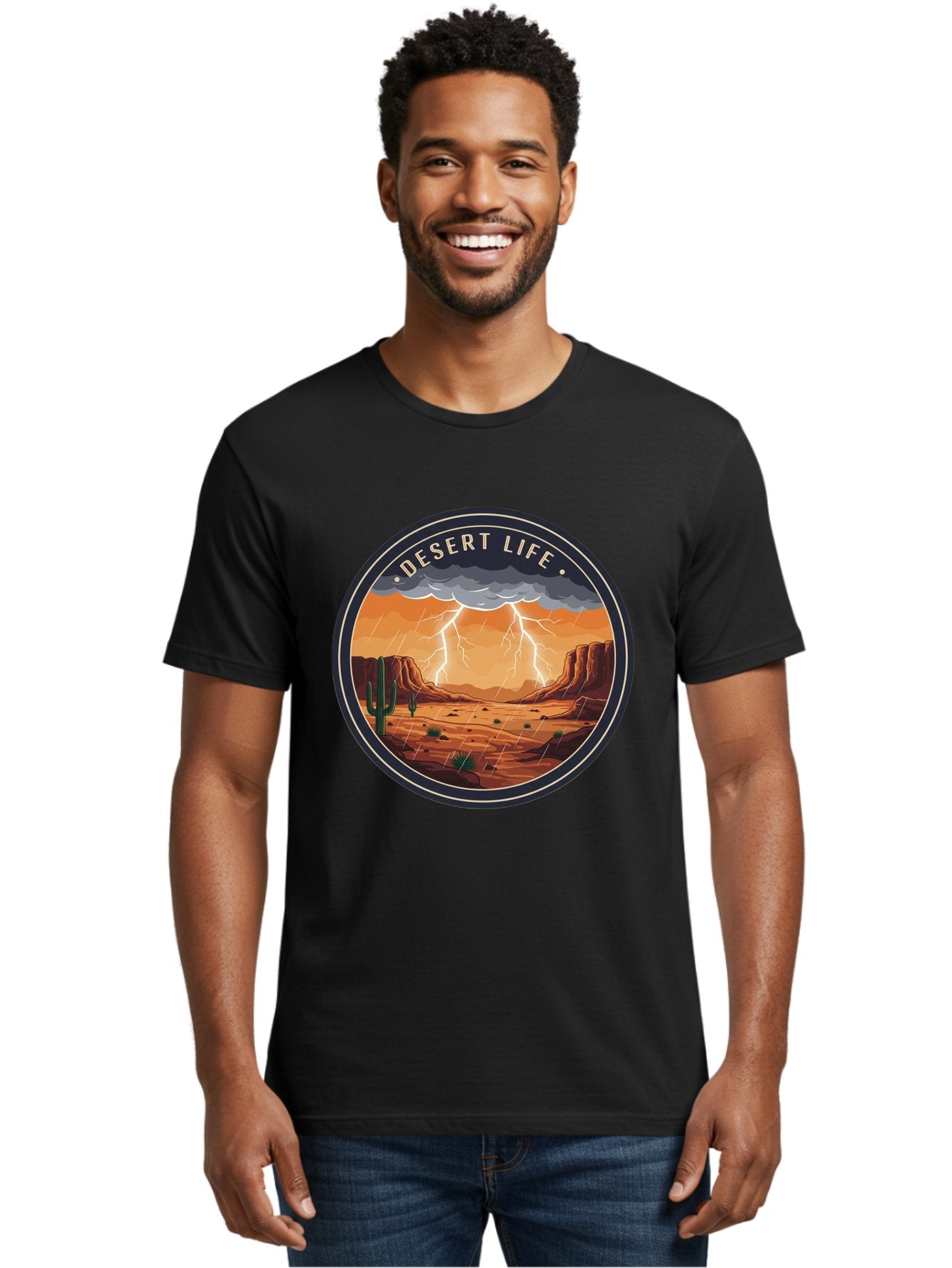Desert-Life-6 Men'S Graphic Tee, 100% Cotton, Comfortable Casual Summer Wear, Machine Washable, Desert Landscape, Thunderstorm, Desert Storm, Lightning In Desert, Western Scenery, Rocky Terrain, Cactus, Desert Weather, Outdoor Adventure Bac992 22