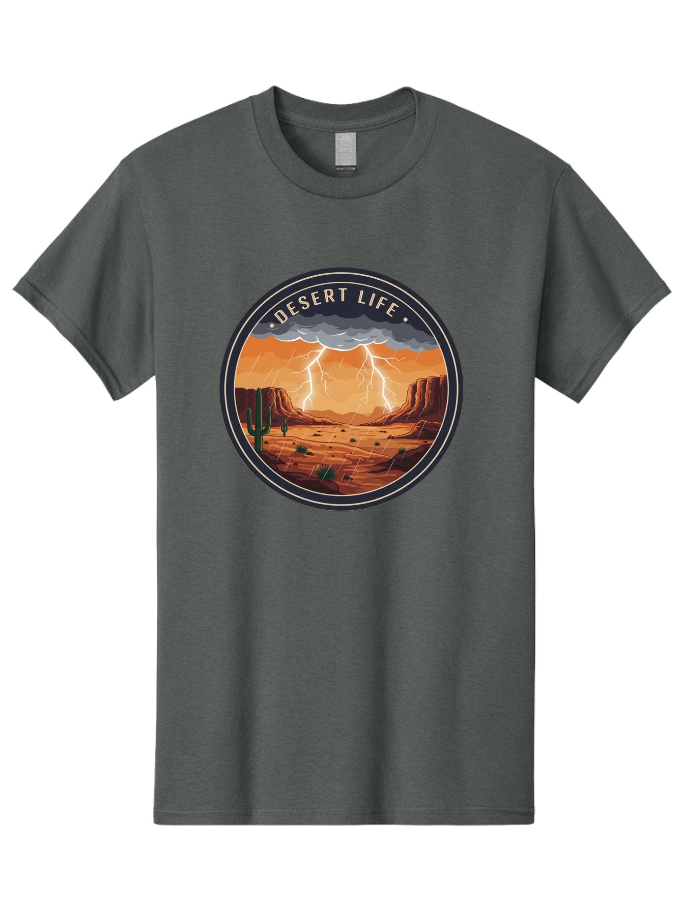 Desert-Life-6 Men'S Graphic Tee, 100% Cotton, Comfortable Casual Summer Wear, Machine Washable, Desert Landscape, Thunderstorm, Desert Storm, Lightning In Desert, Western Scenery, Rocky Terrain, Cactus, Desert Weather, Outdoor Adventure Bac992