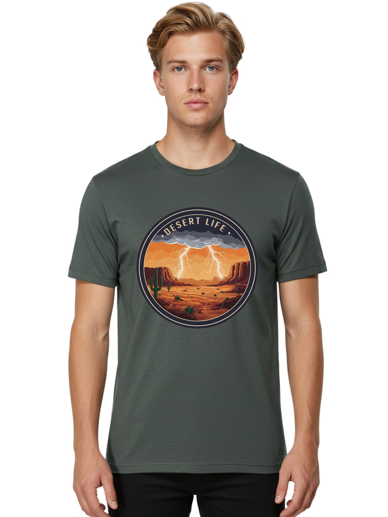 Desert-Life-6 Men'S Graphic Tee, 100% Cotton, Comfortable Casual Summer Wear, Machine Washable, Desert Landscape, Thunderstorm, Desert Storm, Lightning In Desert, Western Scenery, Rocky Terrain, Cactus, Desert Weather, Outdoor Adventure Bac992 19