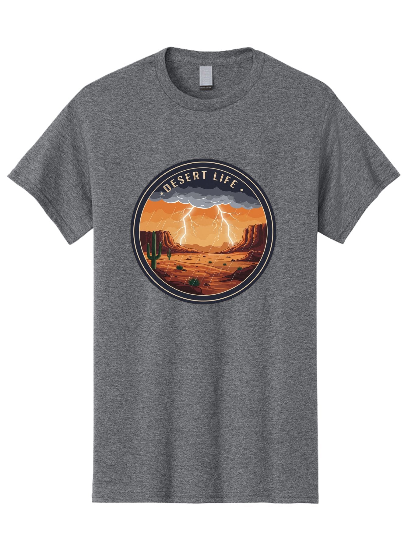 Desert-Life-6 Men'S Graphic Tee, 100% Cotton, Comfortable Casual Summer Wear, Machine Washable, Desert Landscape, Thunderstorm, Desert Storm, Lightning In Desert, Western Scenery, Rocky Terrain, Cactus, Desert Weather, Outdoor Adventure Bac992 13