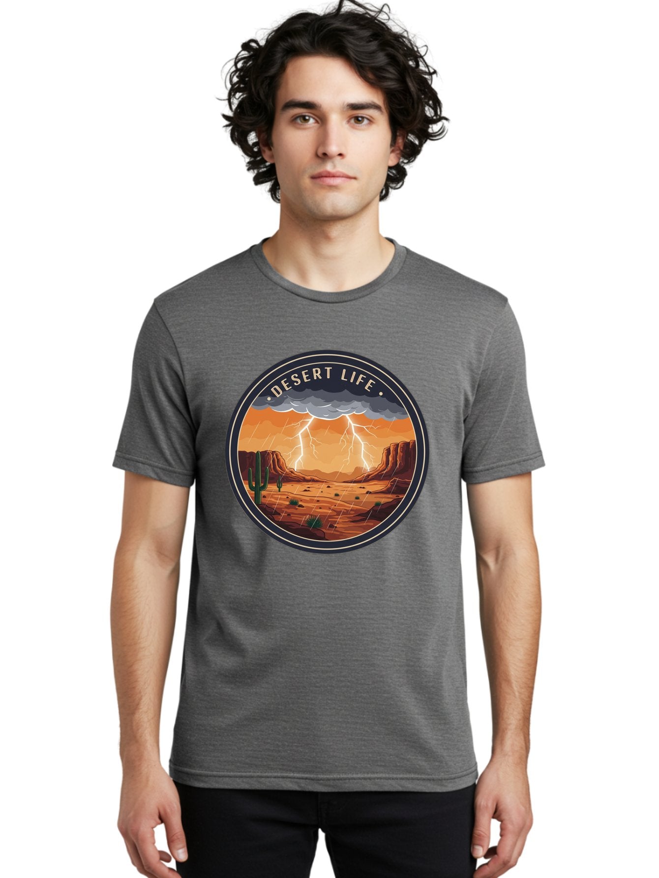 Desert-Life-6 Men'S Graphic Tee, 100% Cotton, Comfortable Casual Summer Wear, Machine Washable, Desert Landscape, Thunderstorm, Desert Storm, Lightning In Desert, Western Scenery, Rocky Terrain, Cactus, Desert Weather, Outdoor Adventure Bac992 20