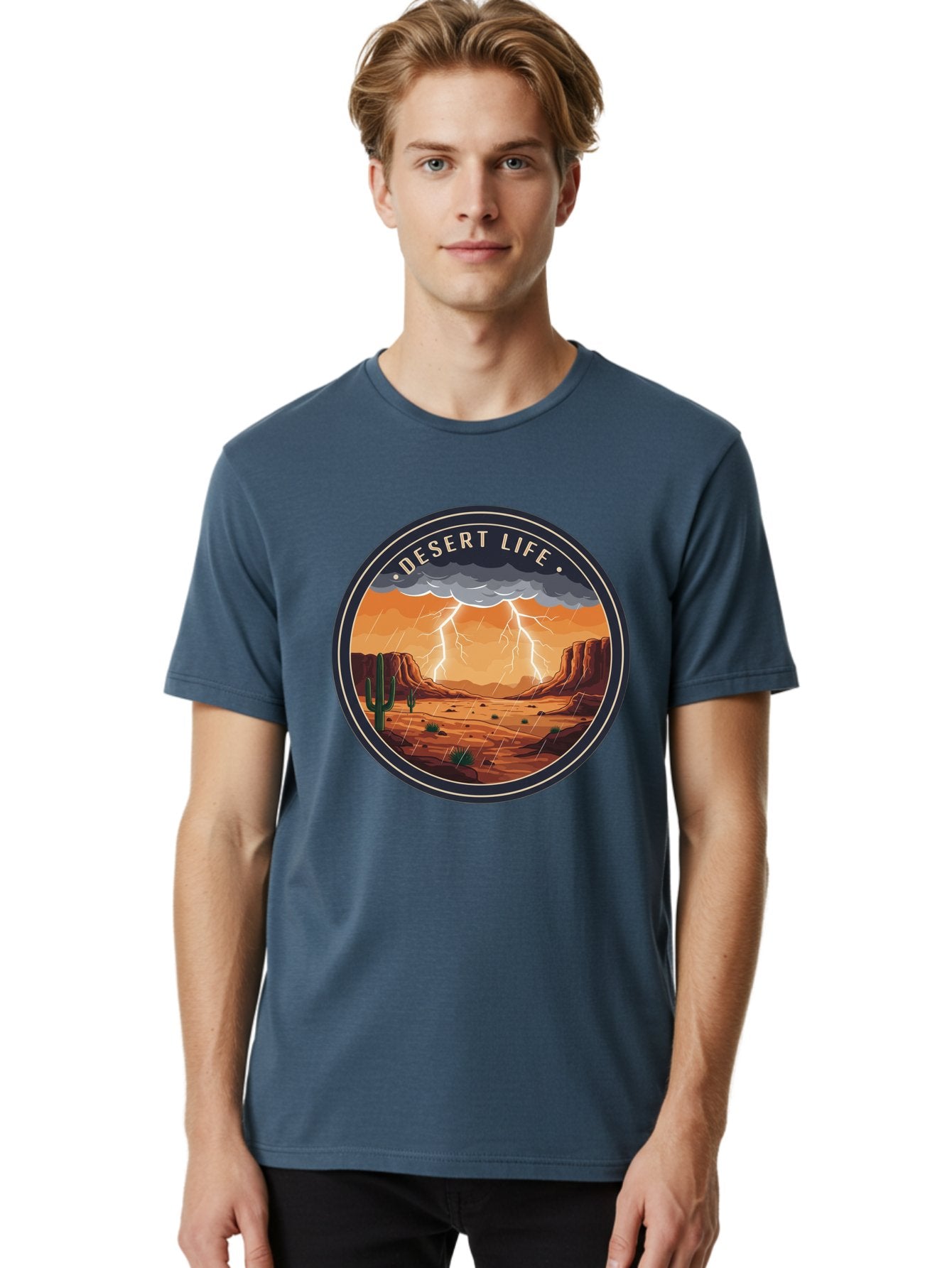 Desert-Life-6 Men'S Graphic Tee, 100% Cotton, Comfortable Casual Summer Wear, Machine Washable, Desert Landscape, Thunderstorm, Desert Storm, Lightning In Desert, Western Scenery, Rocky Terrain, Cactus, Desert Weather, Outdoor Adventure Bac992 17
