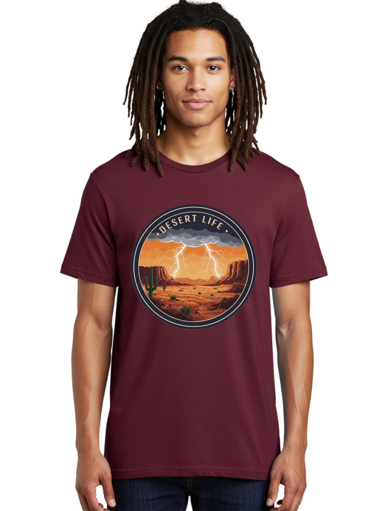 Desert-Life-6 Men'S Graphic Tee, 100% Cotton, Comfortable Casual Summer Wear, Machine Washable, Desert Landscape, Thunderstorm, Desert Storm, Lightning In Desert, Western Scenery, Rocky Terrain, Cactus, Desert Weather, Outdoor Adventure Bac992 16