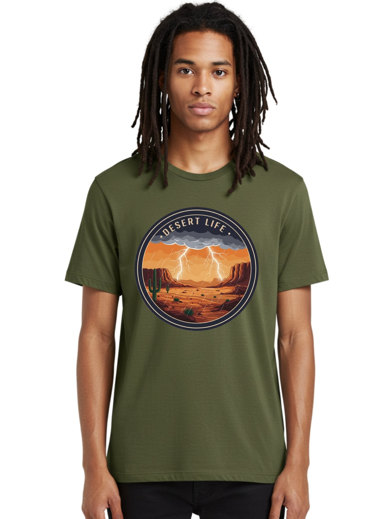 Desert-Life-6 Men'S Graphic Tee, 100% Cotton, Comfortable Casual Summer Wear, Machine Washable, Desert Landscape, Thunderstorm, Desert Storm, Lightning In Desert, Western Scenery, Rocky Terrain, Cactus, Desert Weather, Outdoor Adventure Bac992 23