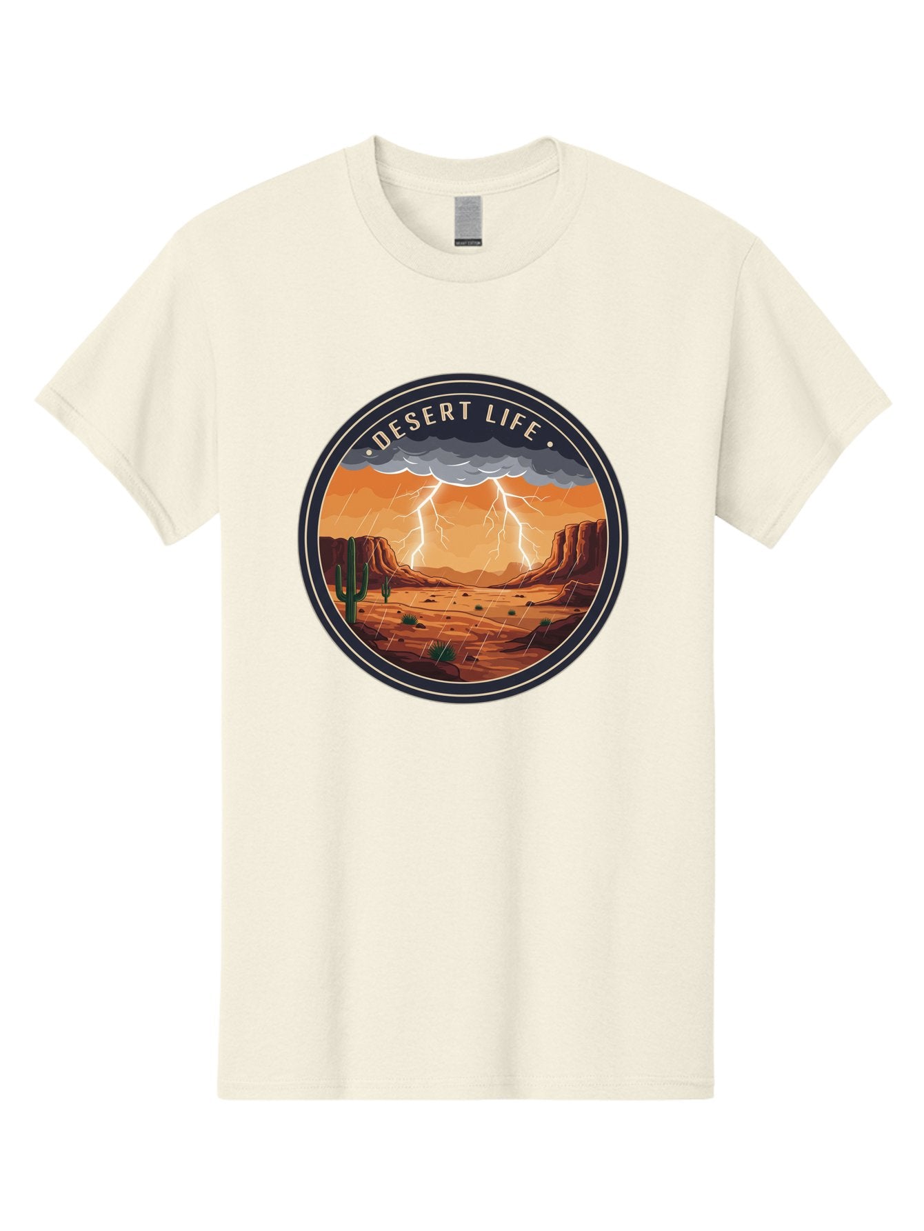 Desert-Life-6 Men'S Graphic Tee, 100% Cotton, Comfortable Casual Summer Wear, Machine Washable, Desert Landscape, Thunderstorm, Desert Storm, Lightning In Desert, Western Scenery, Rocky Terrain, Cactus, Desert Weather, Outdoor Adventure Bac992