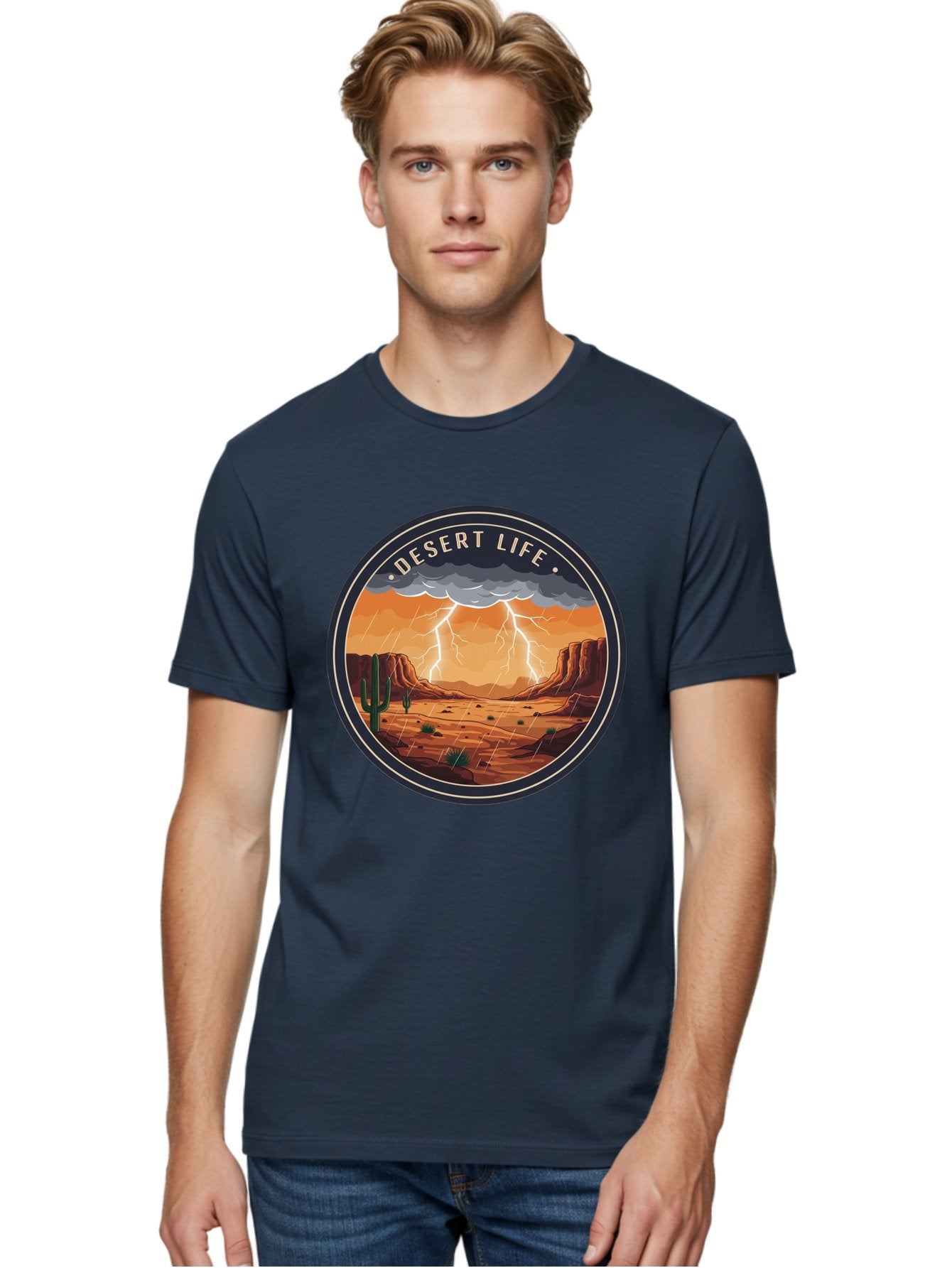 Desert-Life-6 Men'S Graphic Tee, 100% Cotton, Comfortable Casual Summer Wear, Machine Washable, Desert Landscape, Thunderstorm, Desert Storm, Lightning In Desert, Western Scenery, Rocky Terrain, Cactus, Desert Weather, Outdoor Adventure Bac992 29