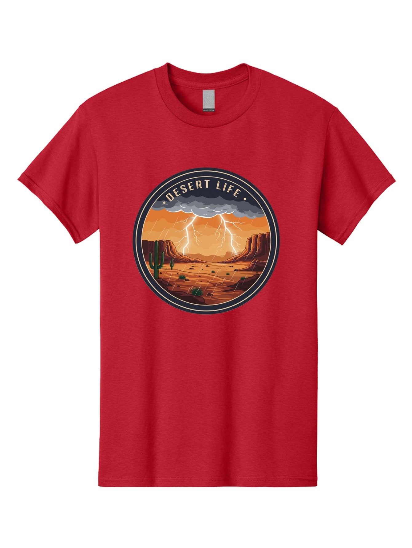 Desert-Life-6 Men'S Graphic Tee, 100% Cotton, Comfortable Casual Summer Wear, Machine Washable, Desert Landscape, Thunderstorm, Desert Storm, Lightning In Desert, Western Scenery, Rocky Terrain, Cactus, Desert Weather, Outdoor Adventure Bac992 11