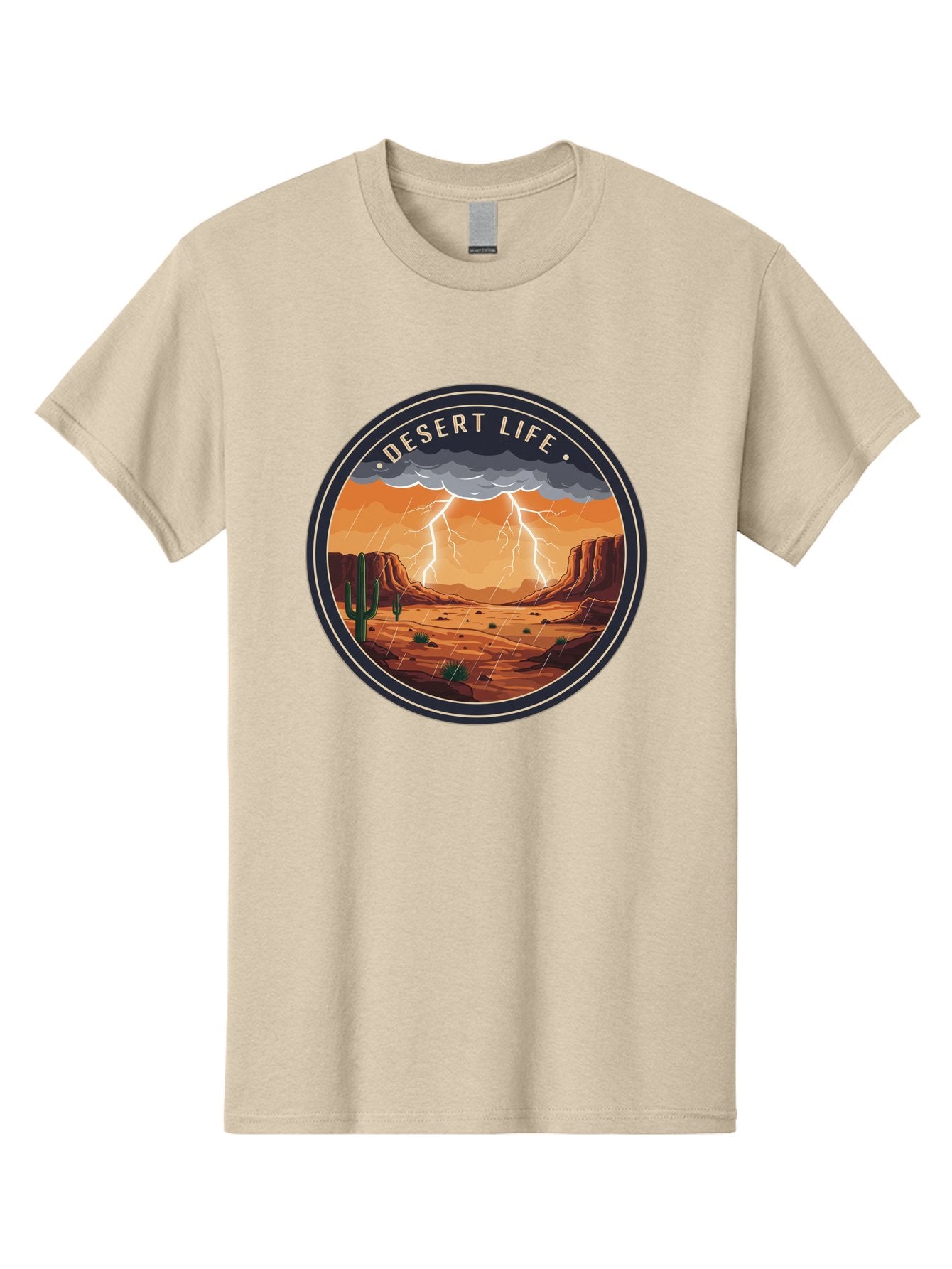 Desert-Life-6 Men'S Graphic Tee, 100% Cotton, Comfortable Casual Summer Wear, Machine Washable, Desert Landscape, Thunderstorm, Desert Storm, Lightning In Desert, Western Scenery, Rocky Terrain, Cactus, Desert Weather, Outdoor Adventure Bac992 15