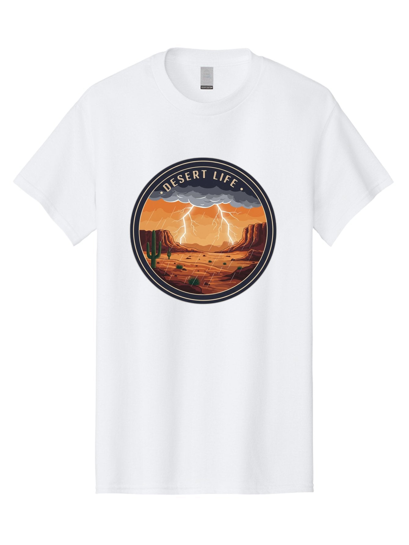 Desert-Life-6 Men'S Graphic Tee, 100% Cotton, Comfortable Casual Summer Wear, Machine Washable, Desert Landscape, Thunderstorm, Desert Storm, Lightning In Desert, Western Scenery, Rocky Terrain, Cactus, Desert Weather, Outdoor Adventure Bac992 12