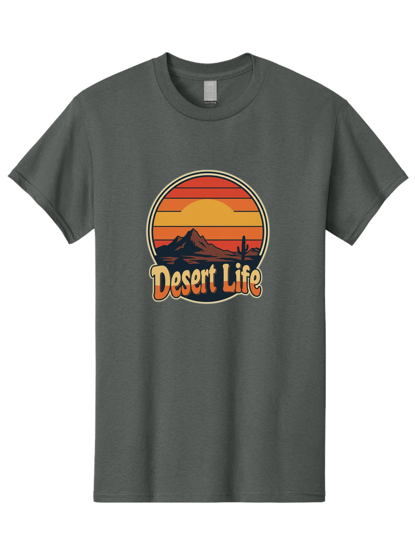 Desert-Life Men'S Graphic Tee, 100% Cotton, Comfortable Casual Summer Wear, Machine Washable, Desert Landscape, Sunset Scene, Mountainous Terrain, Cactus Silhouette, Vibrant Colors, Orange Hues, Desert Scenery, Mountain Peaks, Bac994