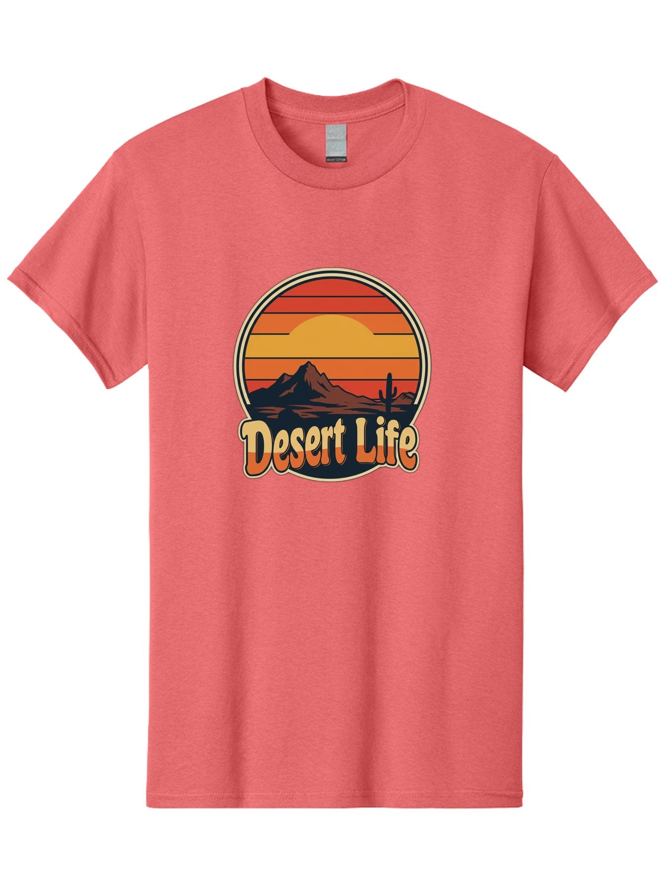 Desert-Life Men'S Graphic Tee, 100% Cotton, Comfortable Casual Summer Wear, Machine Washable, Desert Landscape, Sunset Scene, Mountainous Terrain, Cactus Silhouette, Vibrant Colors, Orange Hues, Desert Scenery, Mountain Peaks, Bac994 13