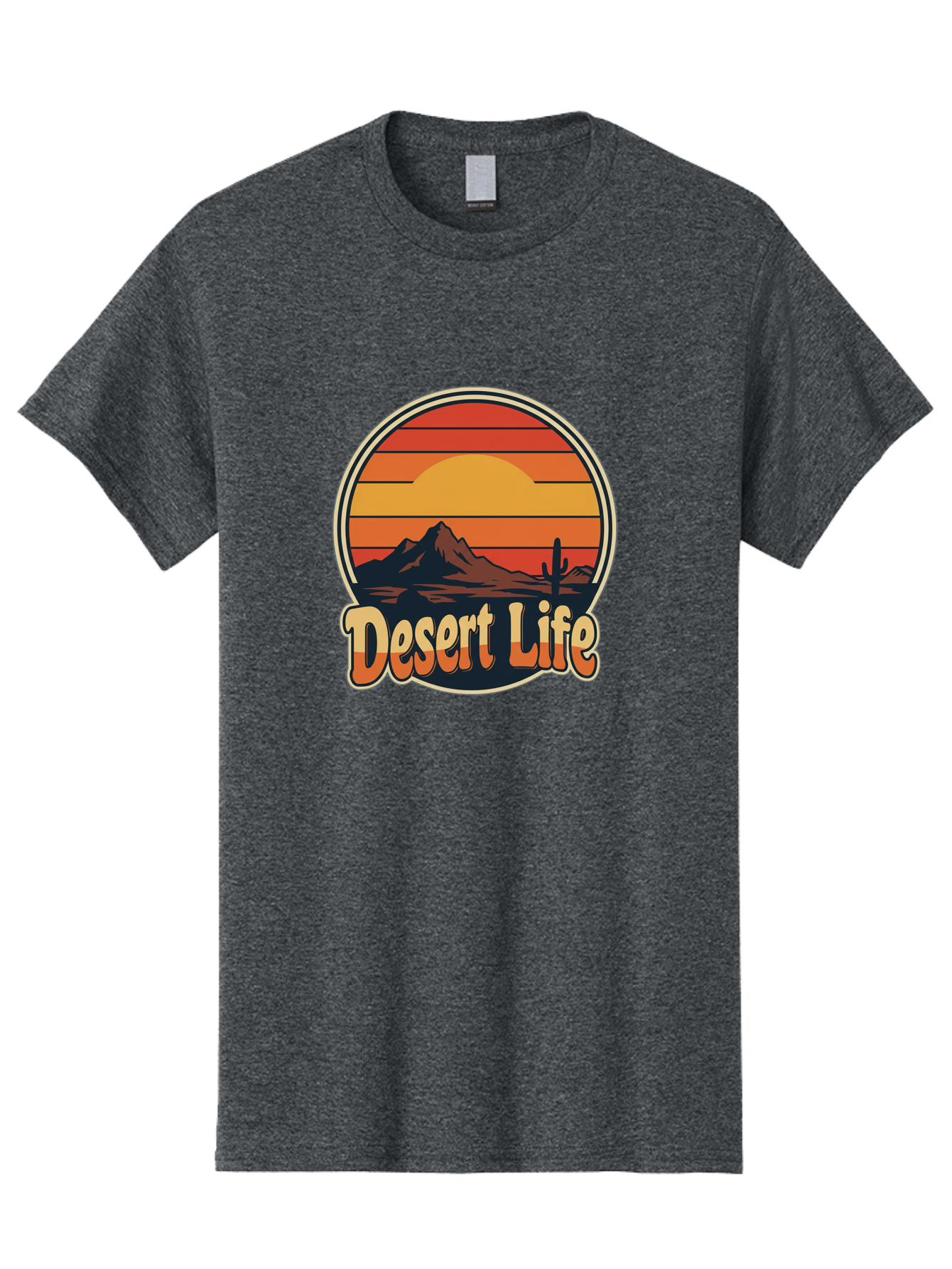 Desert-Life Men'S Graphic Tee, 100% Cotton, Comfortable Casual Summer Wear, Machine Washable, Desert Landscape, Sunset Scene, Mountainous Terrain, Cactus Silhouette, Vibrant Colors, Orange Hues, Desert Scenery, Mountain Peaks, Bac994