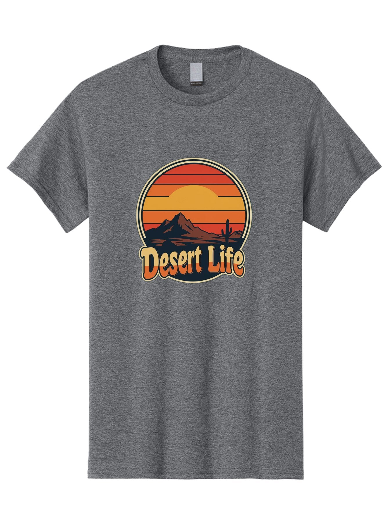 Desert-Life Men'S Graphic Tee, 100% Cotton, Comfortable Casual Summer Wear, Machine Washable, Desert Landscape, Sunset Scene, Mountainous Terrain, Cactus Silhouette, Vibrant Colors, Orange Hues, Desert Scenery, Mountain Peaks, Bac994 9