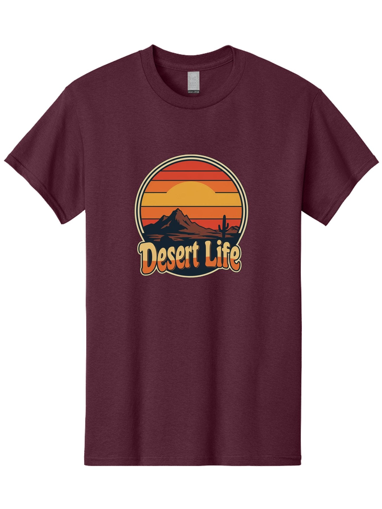 Desert-Life Men'S Graphic Tee, 100% Cotton, Comfortable Casual Summer Wear, Machine Washable, Desert Landscape, Sunset Scene, Mountainous Terrain, Cactus Silhouette, Vibrant Colors, Orange Hues, Desert Scenery, Mountain Peaks, Bac994 3