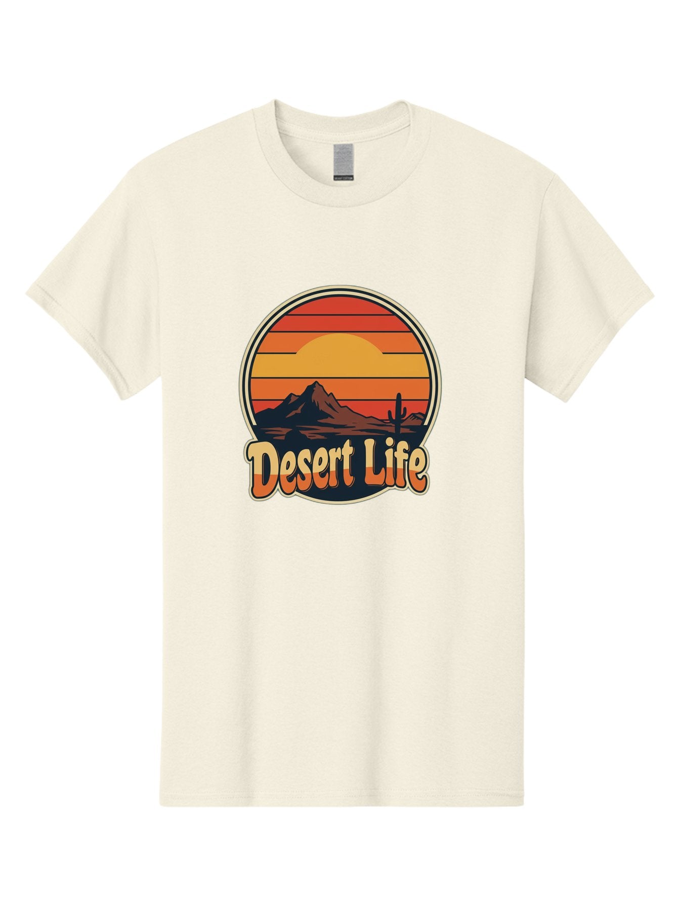 Desert-Life Men'S Graphic Tee, 100% Cotton, Comfortable Casual Summer Wear, Machine Washable, Desert Landscape, Sunset Scene, Mountainous Terrain, Cactus Silhouette, Vibrant Colors, Orange Hues, Desert Scenery, Mountain Peaks, Bac994