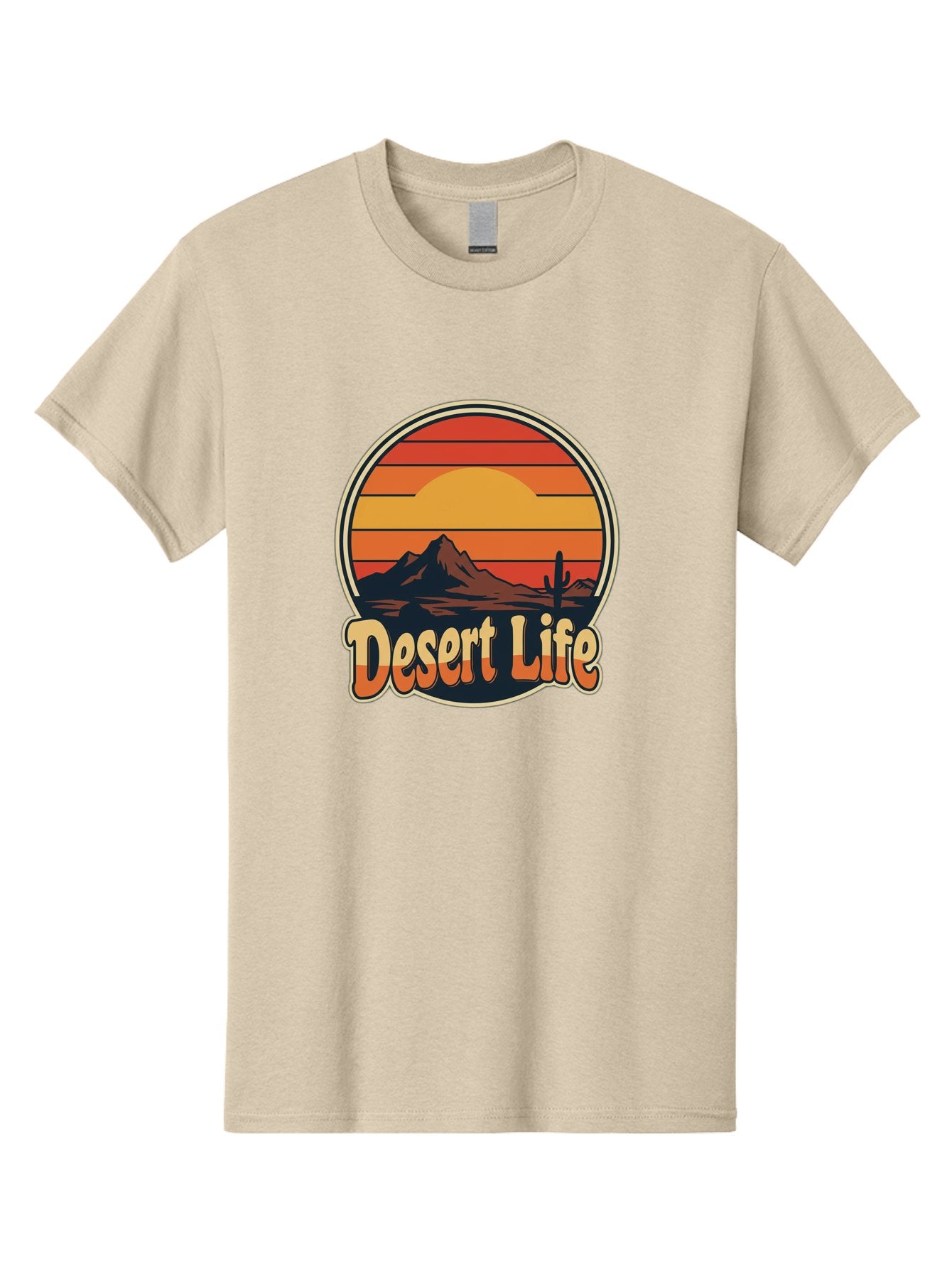 Desert-Life Men'S Graphic Tee, 100% Cotton, Comfortable Casual Summer Wear, Machine Washable, Desert Landscape, Sunset Scene, Mountainous Terrain, Cactus Silhouette, Vibrant Colors, Orange Hues, Desert Scenery, Mountain Peaks, Bac994 6