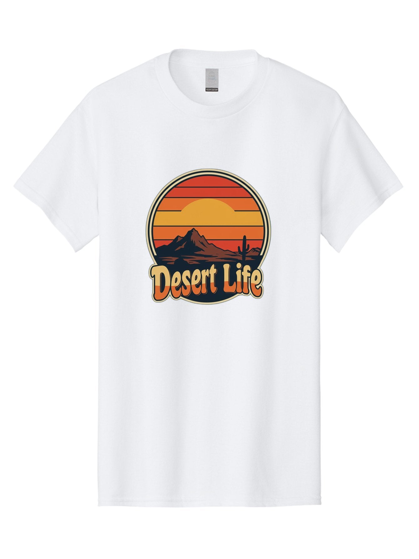 Desert-Life Men'S Graphic Tee, 100% Cotton, Comfortable Casual Summer Wear, Machine Washable, Desert Landscape, Sunset Scene, Mountainous Terrain, Cactus Silhouette, Vibrant Colors, Orange Hues, Desert Scenery, Mountain Peaks, Bac994