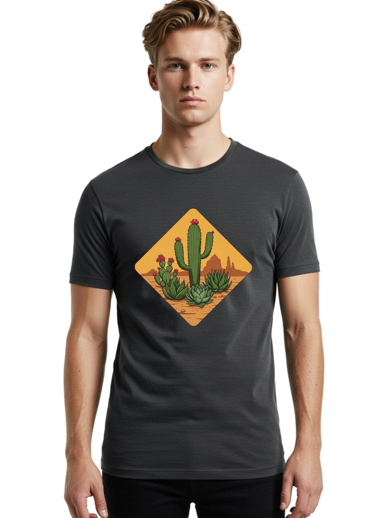 Desert-Succulents Men'S Graphic Tee, 100% Cotton, Comfortable Casual Summer Wear, Machine Washable, Desert Landscape, Cactus Plants, Succulents, Rocky Terrain, Arid Environment, Desert Flowers, Southwest Scenery, Dry Climate Bac995 17