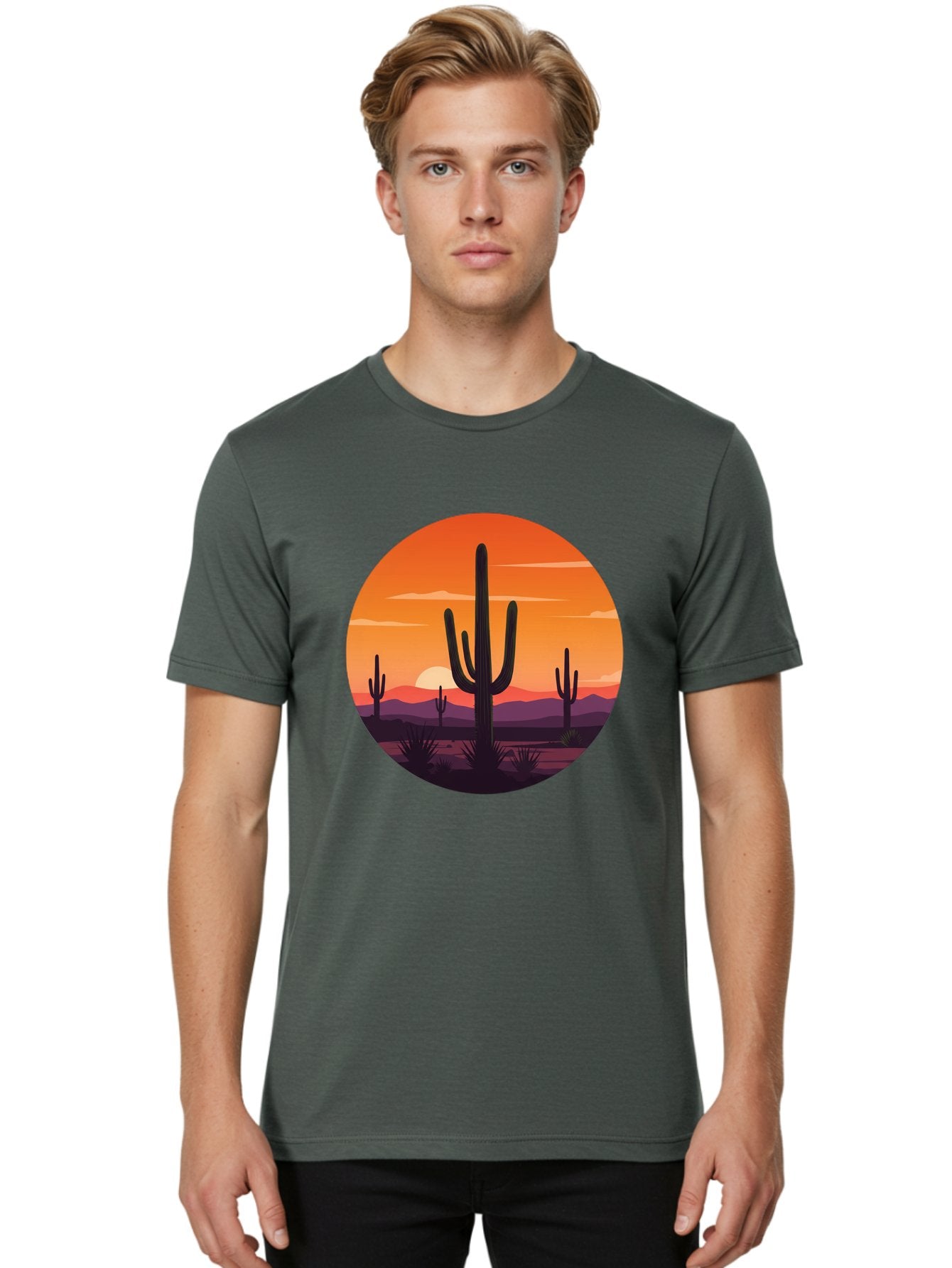 Desert-Sunset-1 Men'S Graphic Tee, 100% Cotton, Comfortable Casual Summer Wear, Machine Washable, Desert Landscape, Cactus Silhouette, Orange Sunset, Vibrant Colors, Serene Atmosphere, Natural Beauty, Outdoor Scenery, Majestic Mountains Bac996 26
