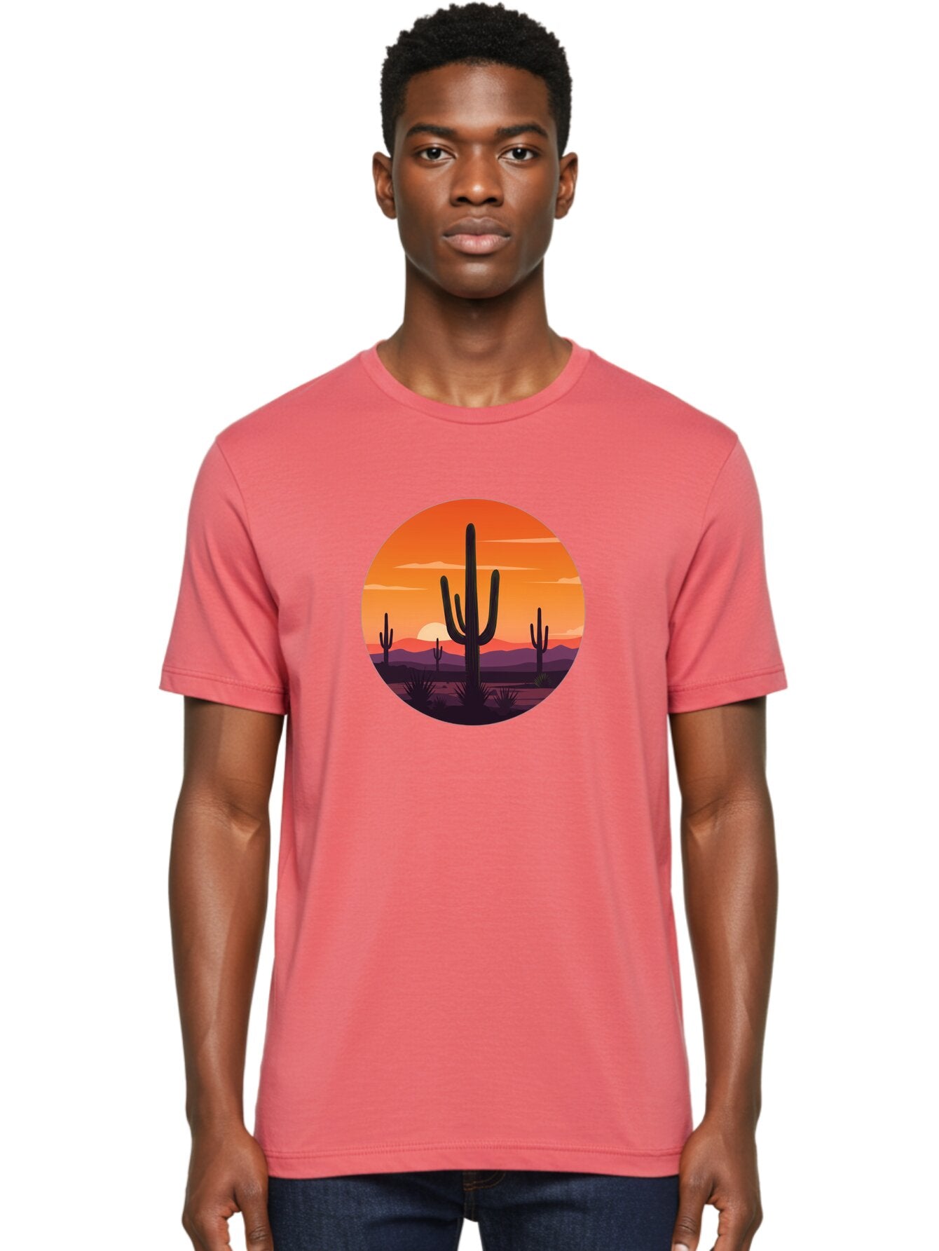 Desert-Sunset-1 Men'S Graphic Tee, 100% Cotton, Comfortable Casual Summer Wear, Machine Washable, Desert Landscape, Cactus Silhouette, Orange Sunset, Vibrant Colors, Serene Atmosphere, Natural Beauty, Outdoor Scenery, Majestic Mountains Bac996 19