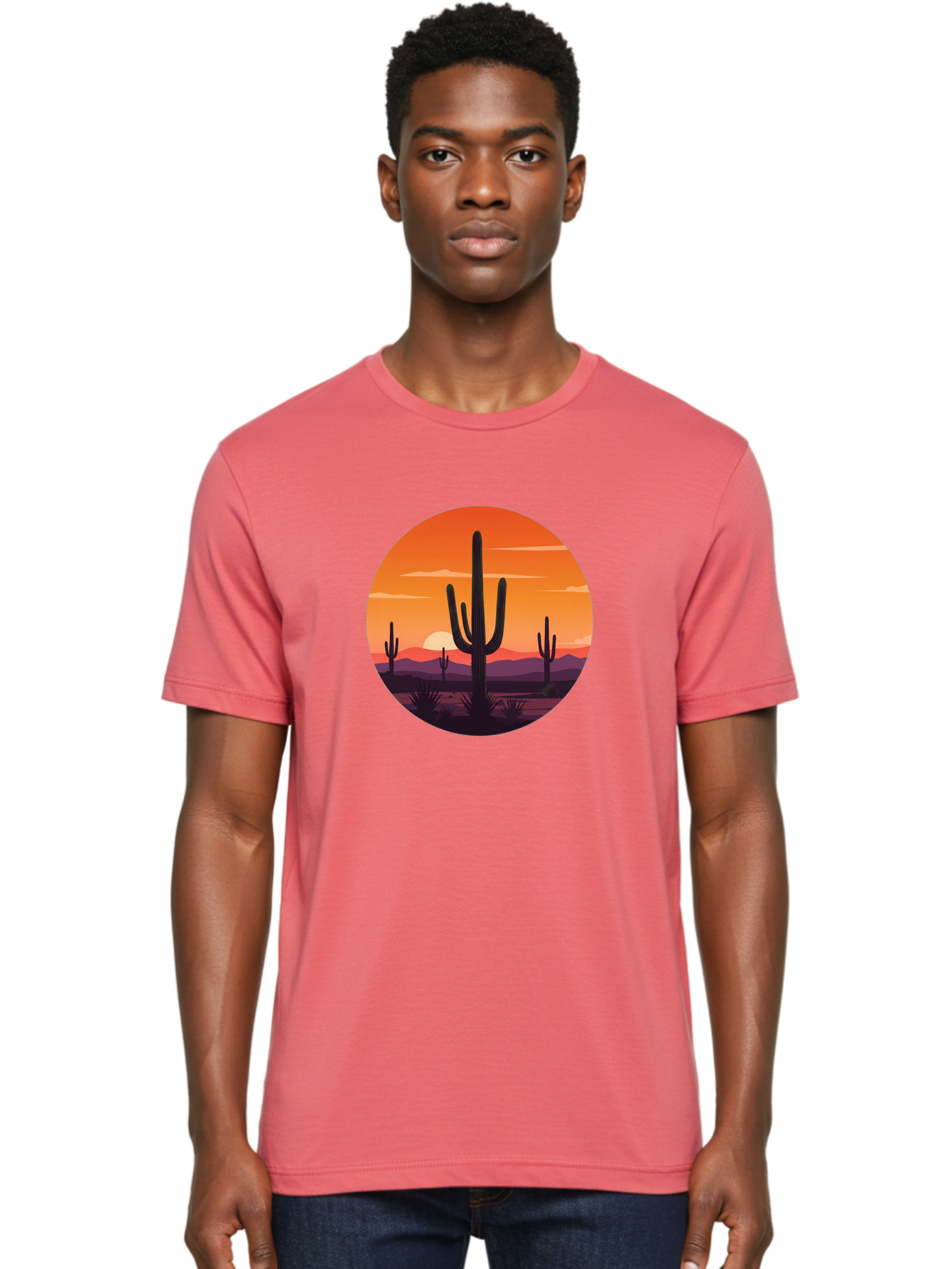 Desert-Sunset-1 Men'S Graphic Tee, 100% Cotton, Comfortable Casual Summer Wear, Machine Washable, Desert Landscape, Cactus Silhouette, Orange Sunset, Vibrant Colors, Serene Atmosphere, Natural Beauty, Outdoor Scenery, Majestic Mountains Bac996 26