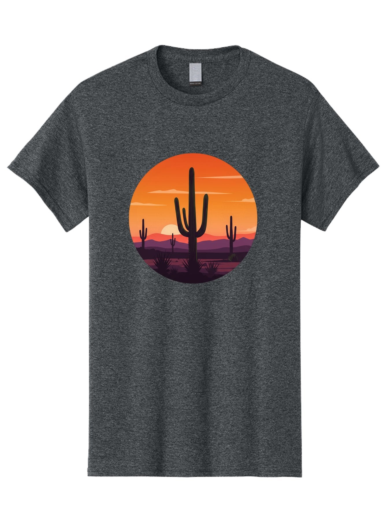 Desert-Sunset-1 Men'S Graphic Tee, 100% Cotton, Comfortable Casual Summer Wear, Machine Washable, Desert Landscape, Cactus Silhouette, Orange Sunset, Vibrant Colors, Serene Atmosphere, Natural Beauty, Outdoor Scenery, Majestic Mountains Bac996
