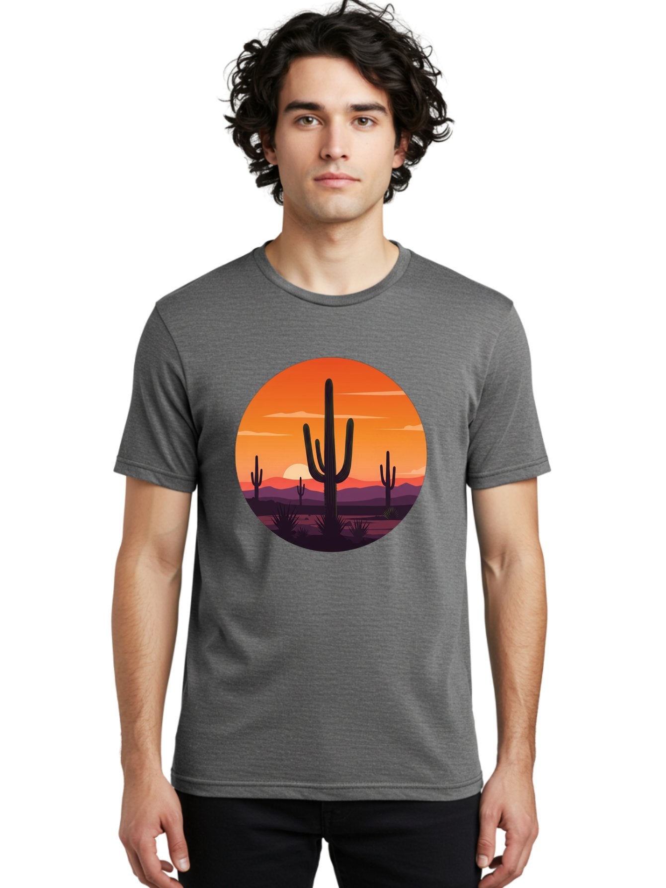 Desert-Sunset-1 Men'S Graphic Tee, 100% Cotton, Comfortable Casual Summer Wear, Machine Washable, Desert Landscape, Cactus Silhouette, Orange Sunset, Vibrant Colors, Serene Atmosphere, Natural Beauty, Outdoor Scenery, Majestic Mountains Bac996 30