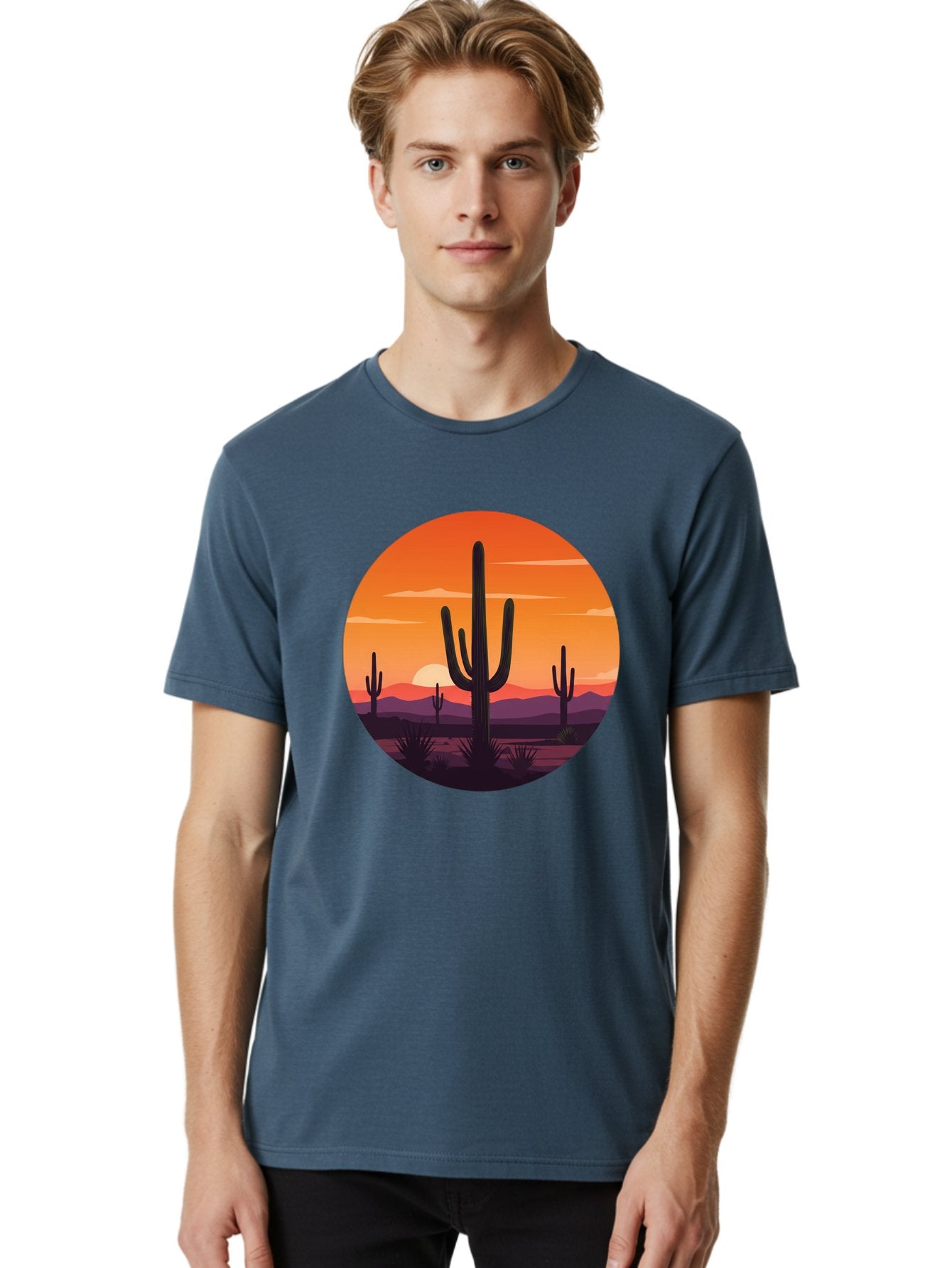 Desert-Sunset-1 Men'S Graphic Tee, 100% Cotton, Comfortable Casual Summer Wear, Machine Washable, Desert Landscape, Cactus Silhouette, Orange Sunset, Vibrant Colors, Serene Atmosphere, Natural Beauty, Outdoor Scenery, Majestic Mountains Bac996 27