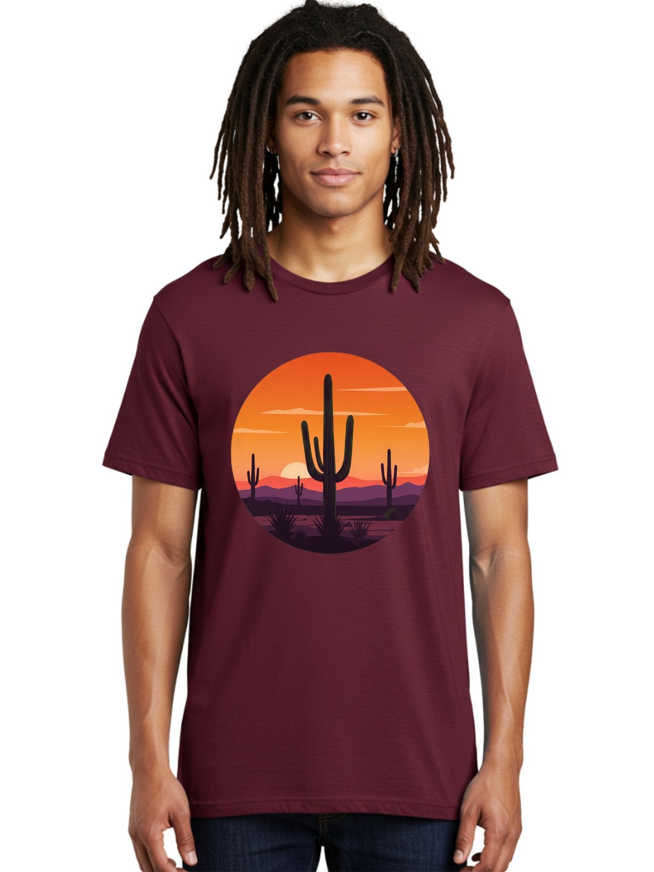 Desert-Sunset-1 Men'S Graphic Tee, 100% Cotton, Comfortable Casual Summer Wear, Machine Washable, Desert Landscape, Cactus Silhouette, Orange Sunset, Vibrant Colors, Serene Atmosphere, Natural Beauty, Outdoor Scenery, Majestic Mountains Bac996 18