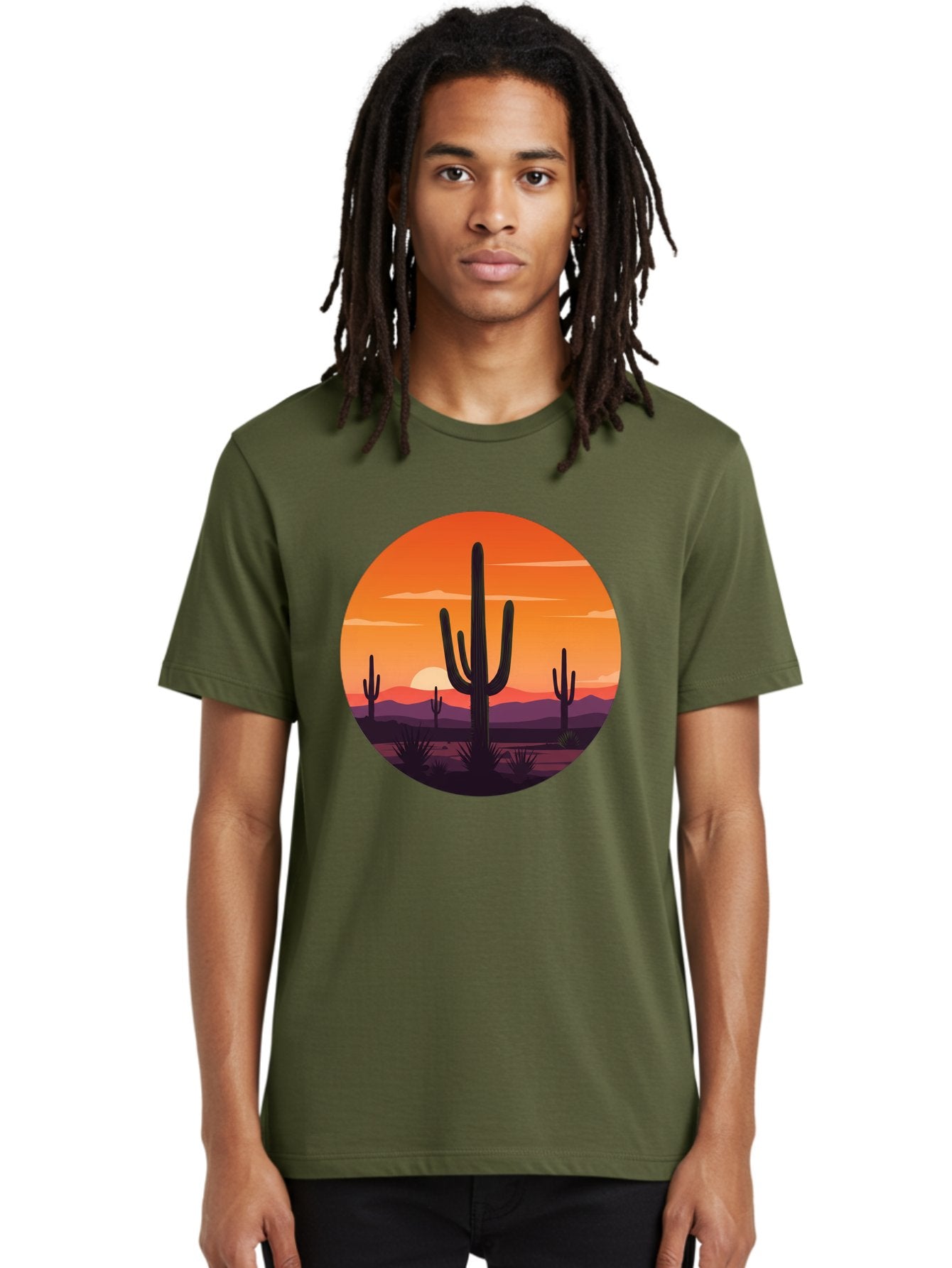 Desert-Sunset-1 Men'S Graphic Tee, 100% Cotton, Comfortable Casual Summer Wear, Machine Washable, Desert Landscape, Cactus Silhouette, Orange Sunset, Vibrant Colors, Serene Atmosphere, Natural Beauty, Outdoor Scenery, Majestic Mountains Bac996 20