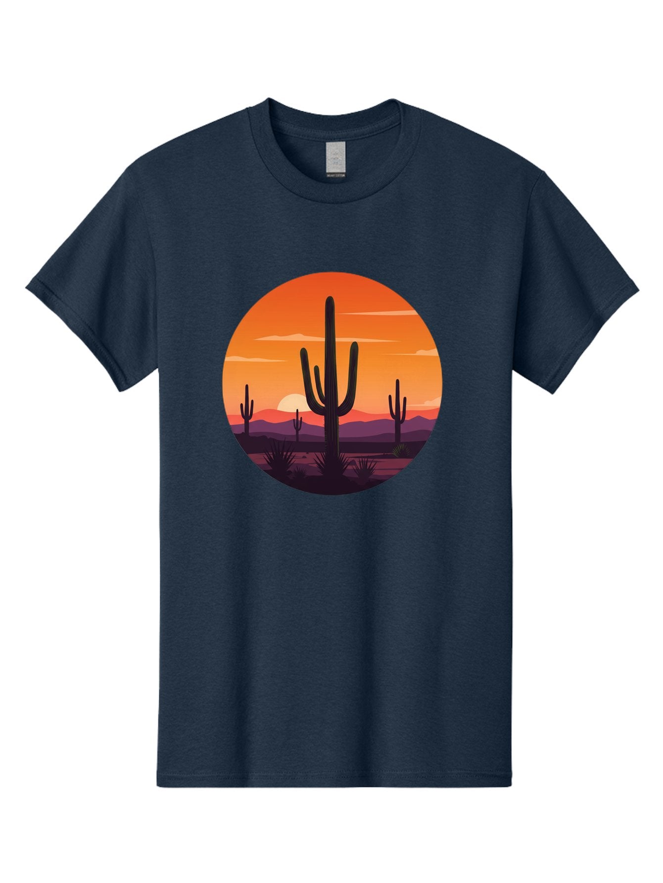 Desert-Sunset-1 Men'S Graphic Tee, 100% Cotton, Comfortable Casual Summer Wear, Machine Washable, Desert Landscape, Cactus Silhouette, Orange Sunset, Vibrant Colors, Serene Atmosphere, Natural Beauty, Outdoor Scenery, Majestic Mountains Bac996 7
