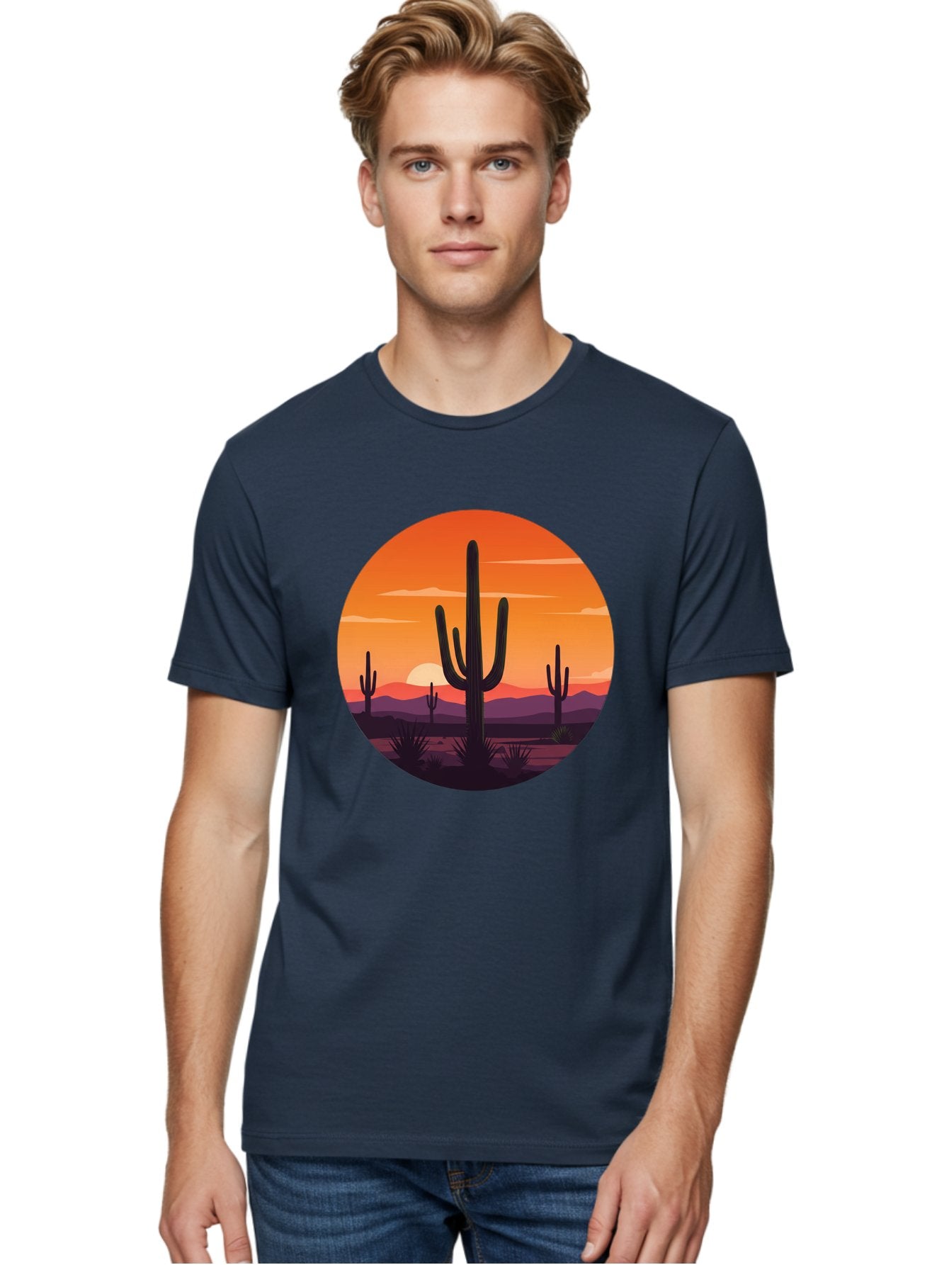 Desert-Sunset-1 Men'S Graphic Tee, 100% Cotton, Comfortable Casual Summer Wear, Machine Washable, Desert Landscape, Cactus Silhouette, Orange Sunset, Vibrant Colors, Serene Atmosphere, Natural Beauty, Outdoor Scenery, Majestic Mountains Bac996 16