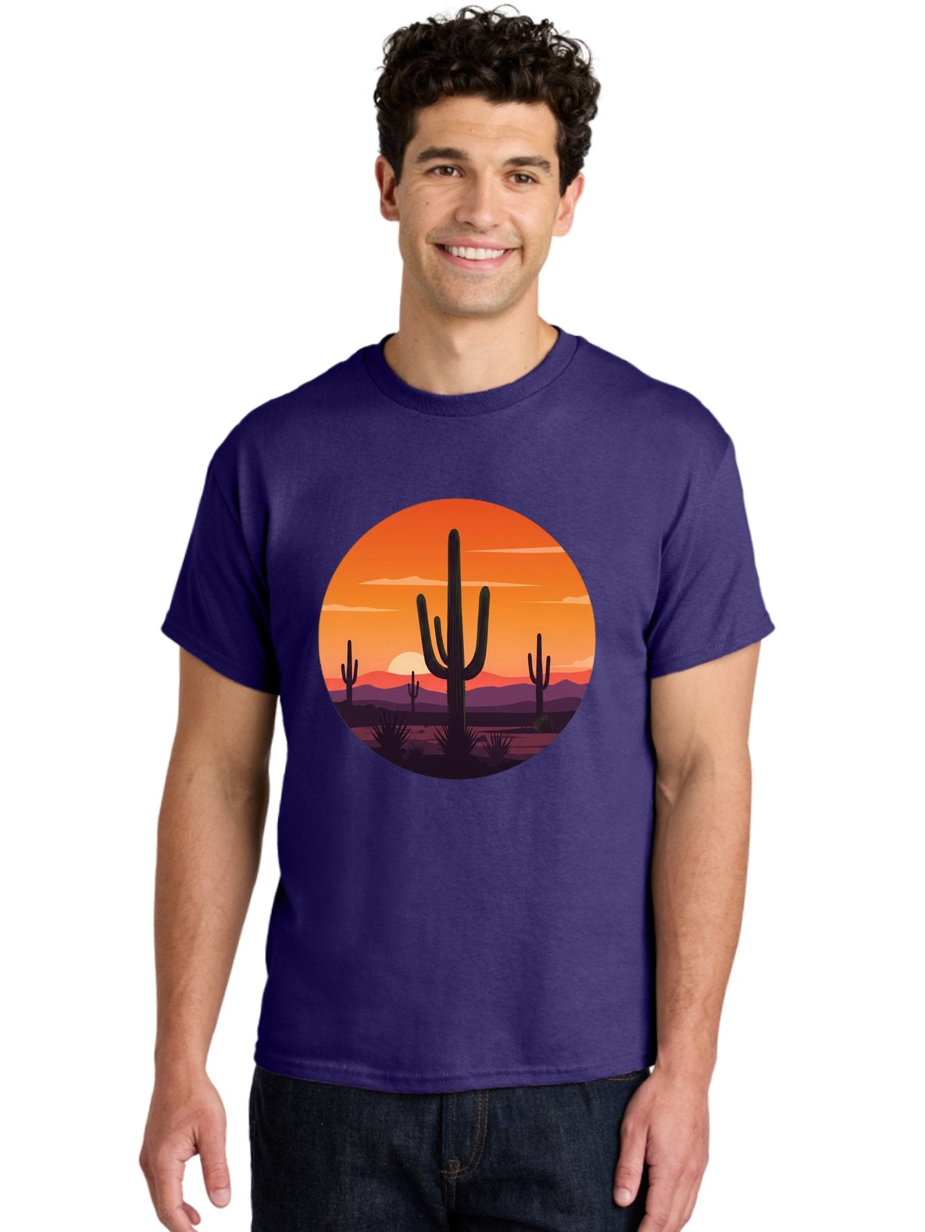 Desert-Sunset-1 Men'S Graphic Tee, 100% Cotton, Comfortable Casual Summer Wear, Machine Washable, Desert Landscape, Cactus Silhouette, Orange Sunset, Vibrant Colors, Serene Atmosphere, Natural Beauty, Outdoor Scenery, Majestic Mountains Bac996 22