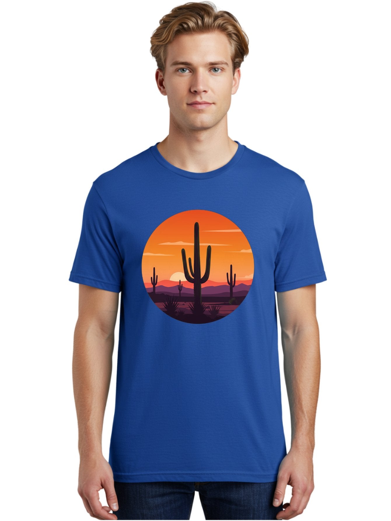 Desert-Sunset-1 Men'S Graphic Tee, 100% Cotton, Comfortable Casual Summer Wear, Machine Washable, Desert Landscape, Cactus Silhouette, Orange Sunset, Vibrant Colors, Serene Atmosphere, Natural Beauty, Outdoor Scenery, Majestic Mountains Bac996 28