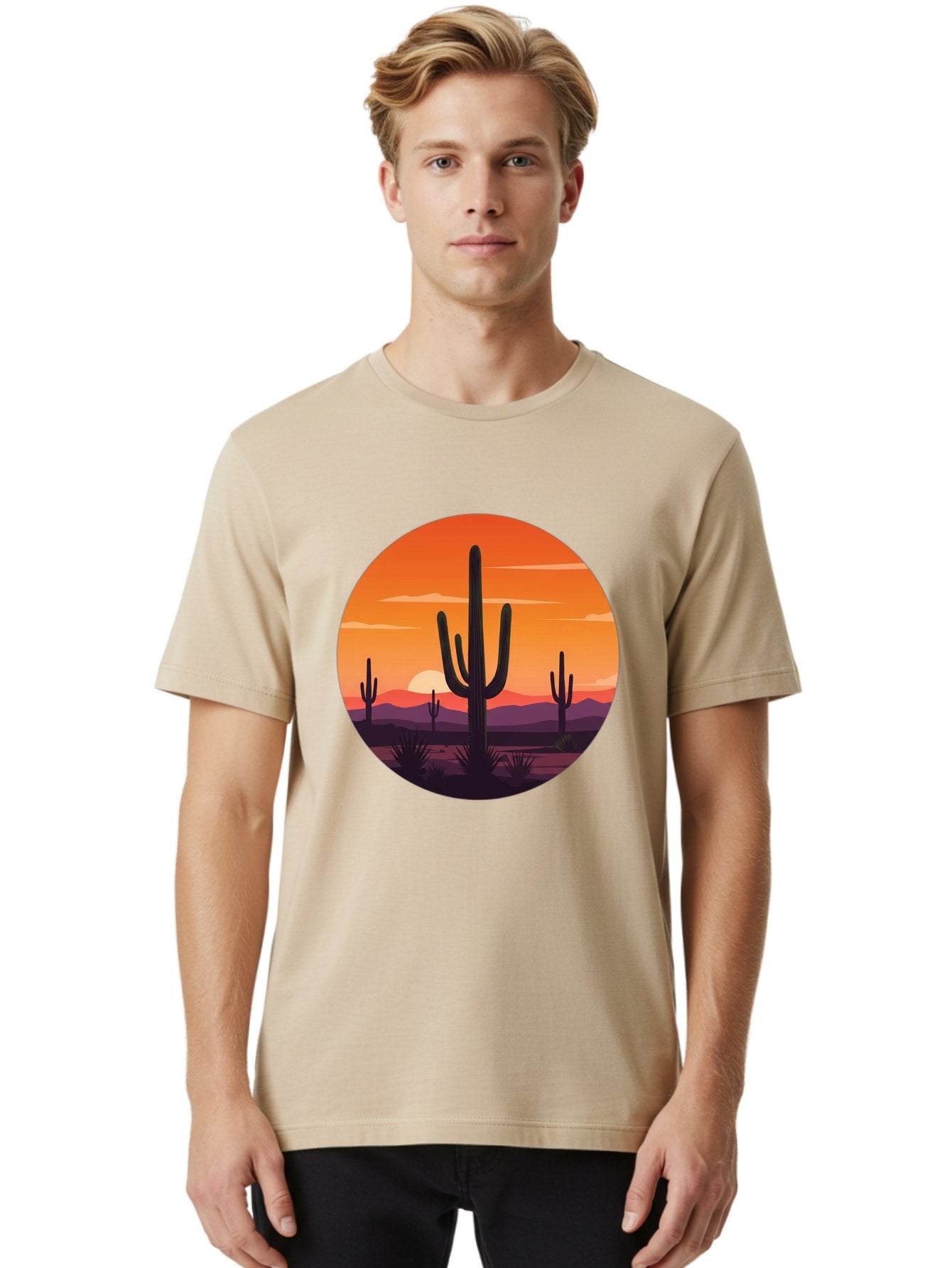 Desert-Sunset-1 Men'S Graphic Tee, 100% Cotton, Comfortable Casual Summer Wear, Machine Washable, Desert Landscape, Cactus Silhouette, Orange Sunset, Vibrant Colors, Serene Atmosphere, Natural Beauty, Outdoor Scenery, Majestic Mountains Bac996 29