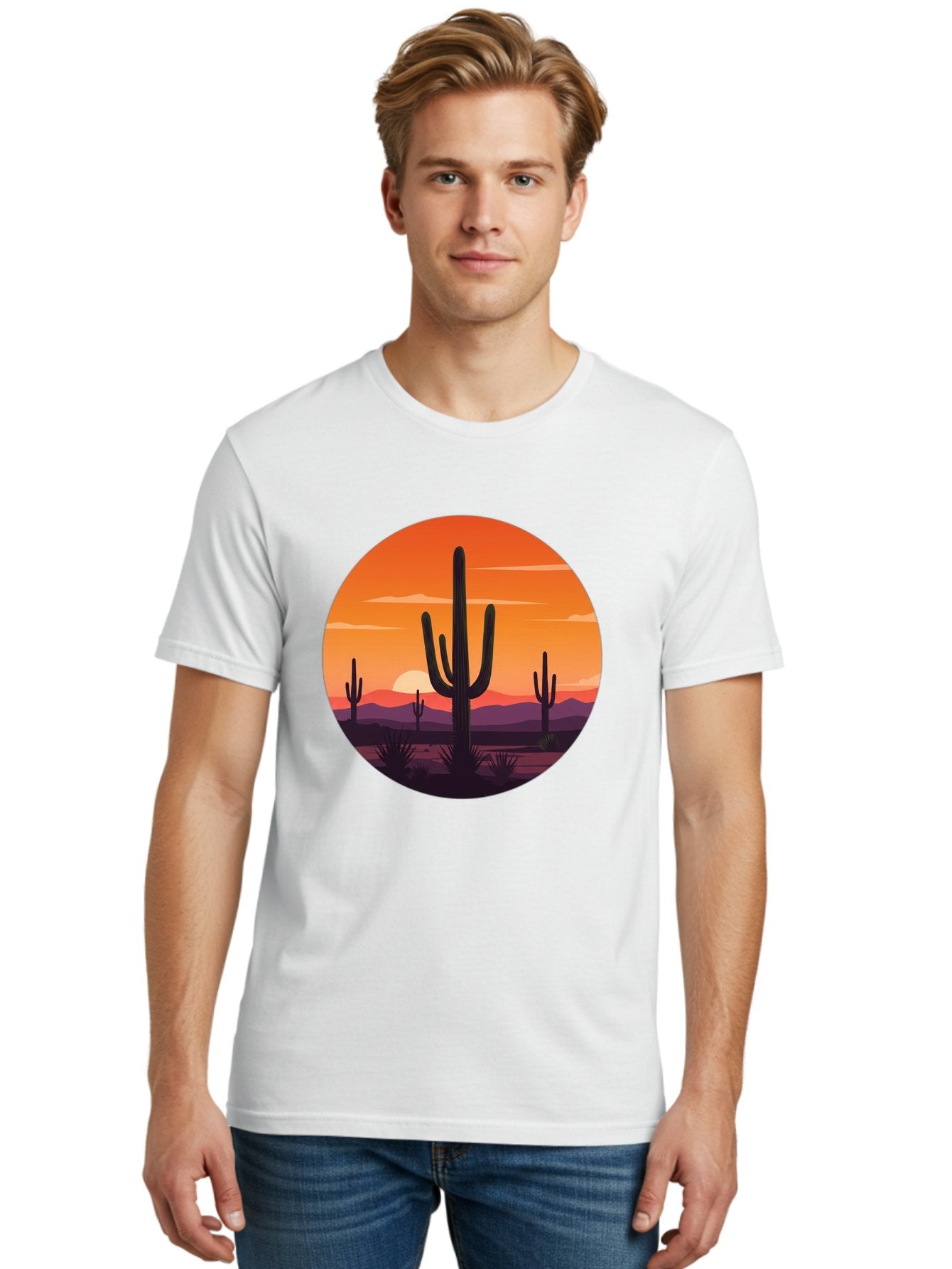 Desert-Sunset-1 Men'S Graphic Tee, 100% Cotton, Comfortable Casual Summer Wear, Machine Washable, Desert Landscape, Cactus Silhouette, Orange Sunset, Vibrant Colors, Serene Atmosphere, Natural Beauty, Outdoor Scenery, Majestic Mountains Bac996 24