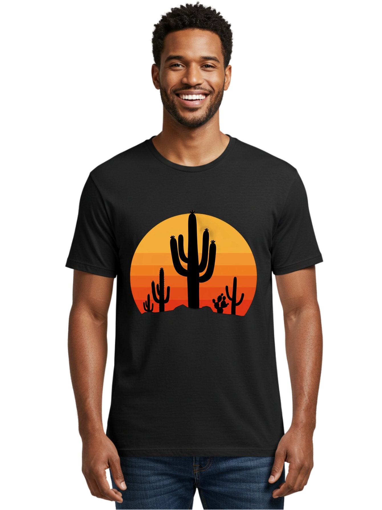 Desert-Sunset Men'S Graphic Tee, 100% Cotton, Comfortable Casual Summer Wear, Machine Washable, Desert Landscape, Cactus Silhouette, Sunset Colors, Orange Gradient, Warm Tones, Arid Scenery, Natural Beauty Bac997 16