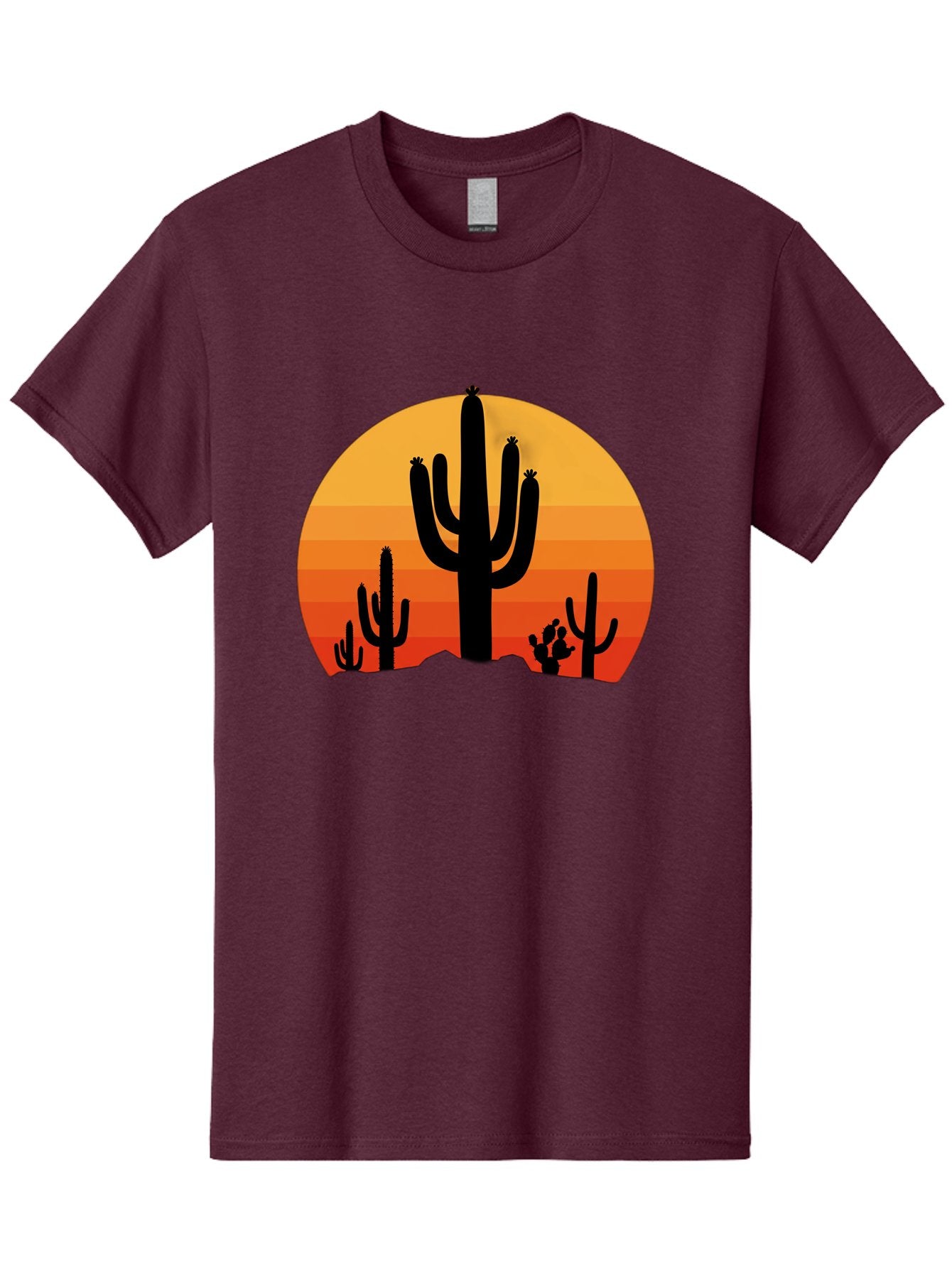 Desert-Sunset Men'S Graphic Tee, 100% Cotton, Comfortable Casual Summer Wear, Machine Washable, Desert Landscape, Cactus Silhouette, Sunset Colors, Orange Gradient, Warm Tones, Arid Scenery, Natural Beauty Bac997