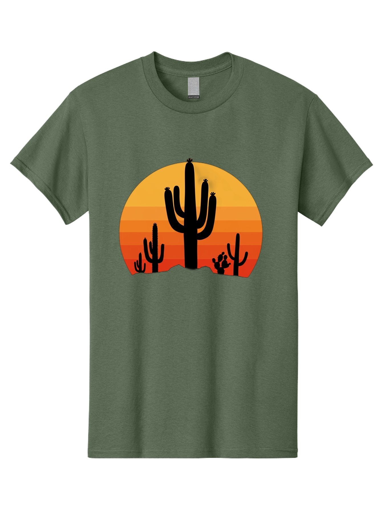 Desert-Sunset Men'S Graphic Tee, 100% Cotton, Comfortable Casual Summer Wear, Machine Washable, Desert Landscape, Cactus Silhouette, Sunset Colors, Orange Gradient, Warm Tones, Arid Scenery, Natural Beauty Bac997