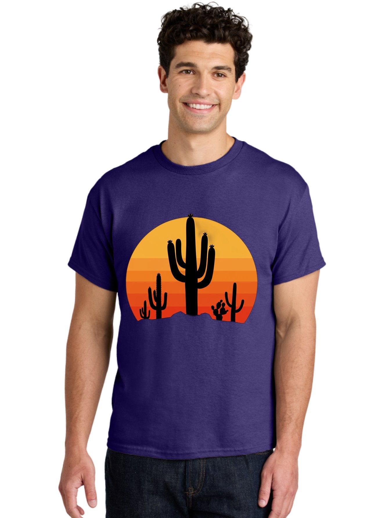 Desert-Sunset Men'S Graphic Tee, 100% Cotton, Comfortable Casual Summer Wear, Machine Washable, Desert Landscape, Cactus Silhouette, Sunset Colors, Orange Gradient, Warm Tones, Arid Scenery, Natural Beauty Bac997 17