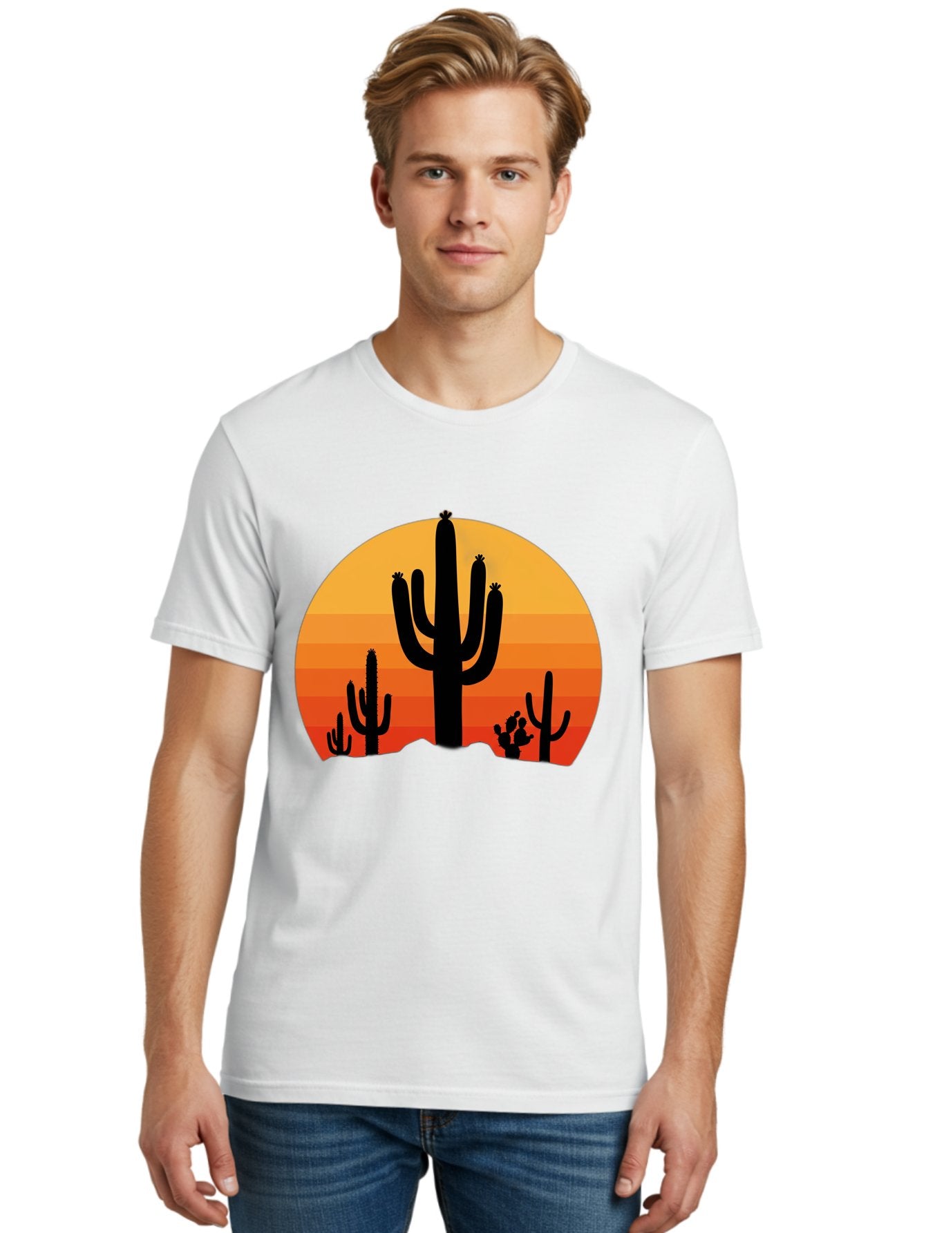 Desert-Sunset Men'S Graphic Tee, 100% Cotton, Comfortable Casual Summer Wear, Machine Washable, Desert Landscape, Cactus Silhouette, Sunset Colors, Orange Gradient, Warm Tones, Arid Scenery, Natural Beauty Bac997 26