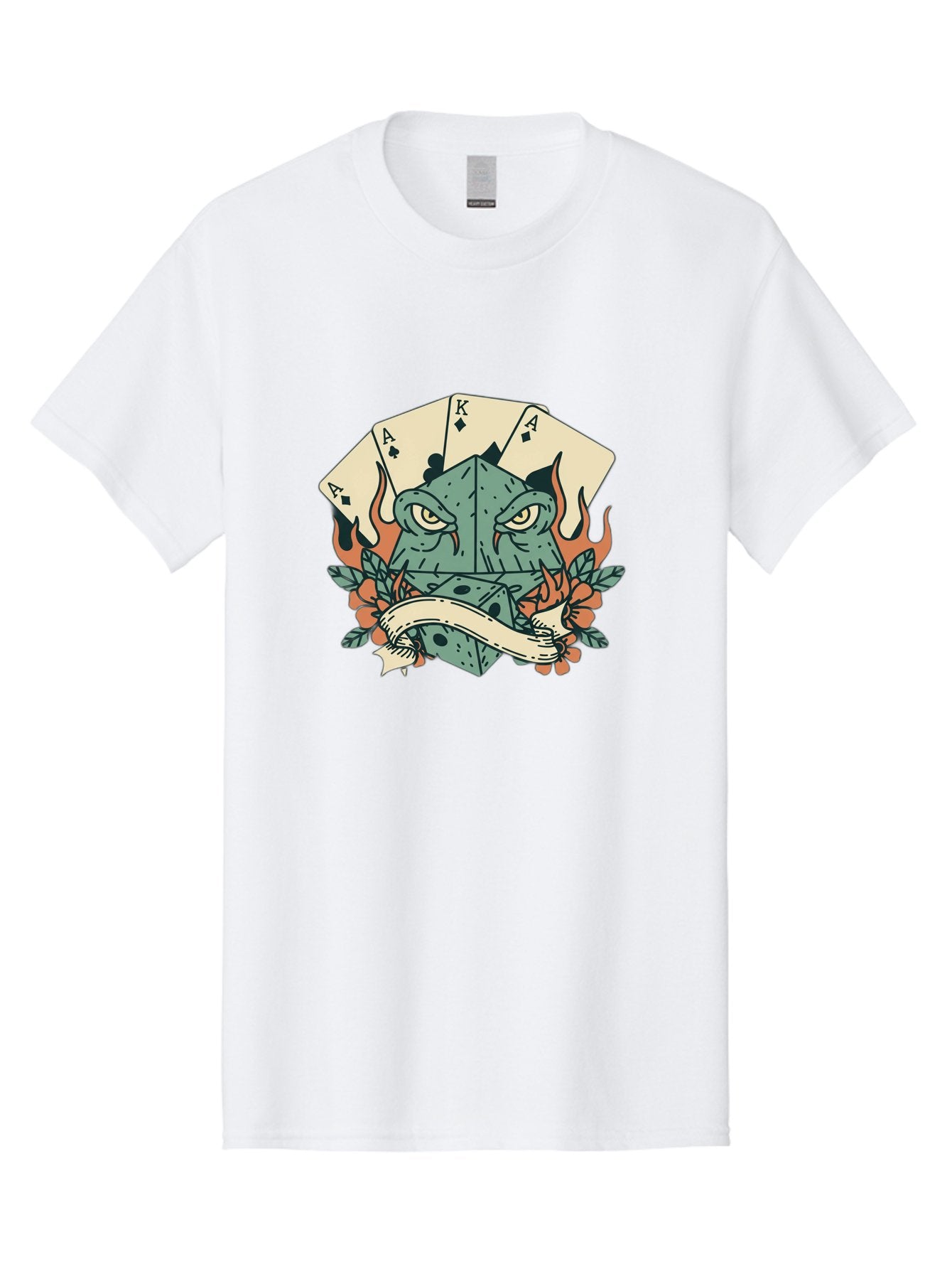 Dice-Face-With-Playing-Cards Men'S Graphic Tee, 100% Cotton, Comfortable Casual Summer Wear, Machine Washable, Dice With Face, Playing Cards, Tattoo Art, Dice Tattoo, Playing Card Tattoo, Lucky Dice, Vibrant Design, Creative Artwork, Bac999 15