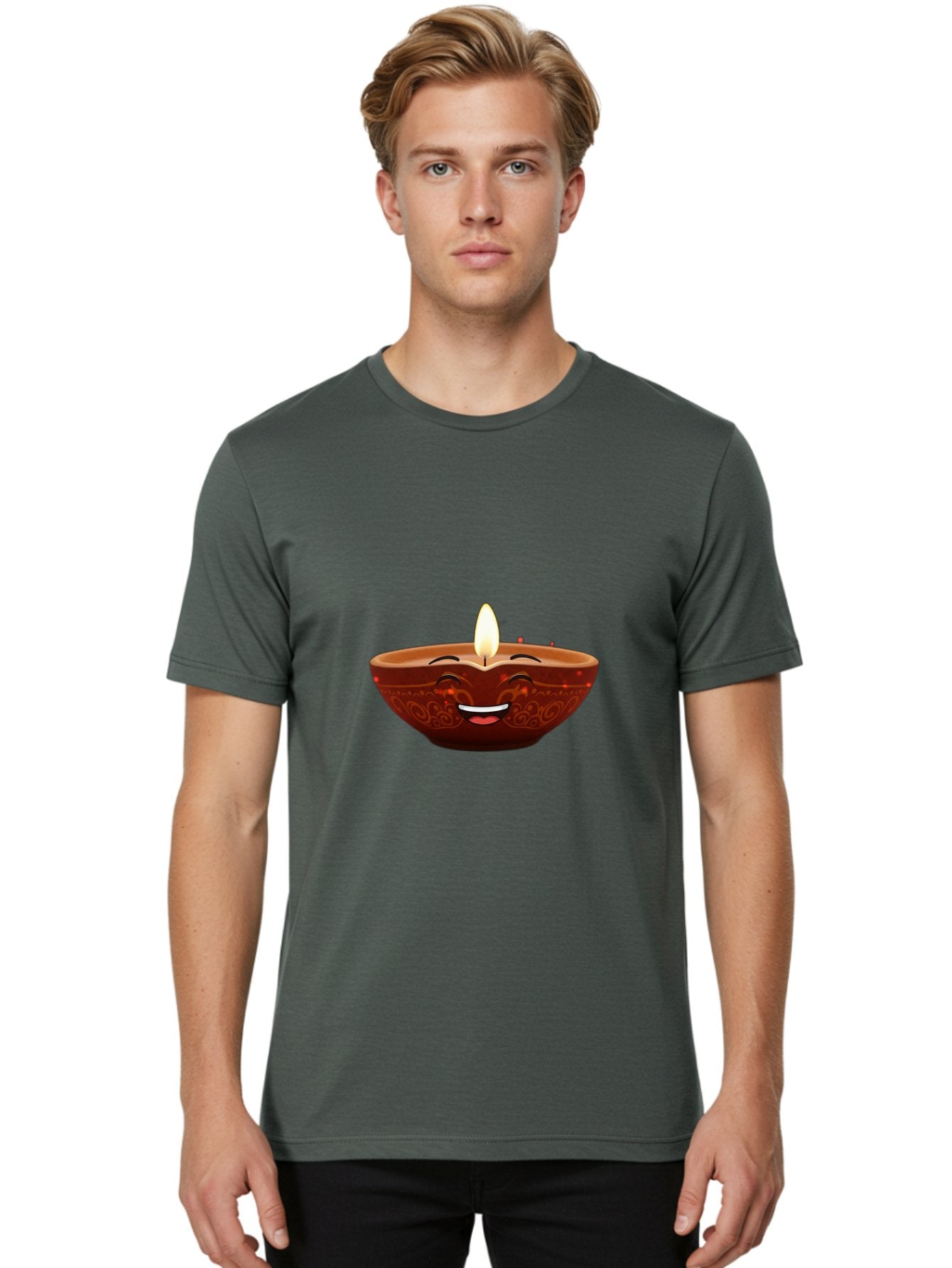 Diya-Lamp-5 Men'S Graphic Tee, 100% Cotton, Comfortable Casual Summer Wear, Machine Washable, Diwali Diya, Clay Lamp, Lit Candle, Smiling Face, Traditional Decor, Festive Atmosphere, Indian Culture, Warm Glow, Happiness Bad022 29