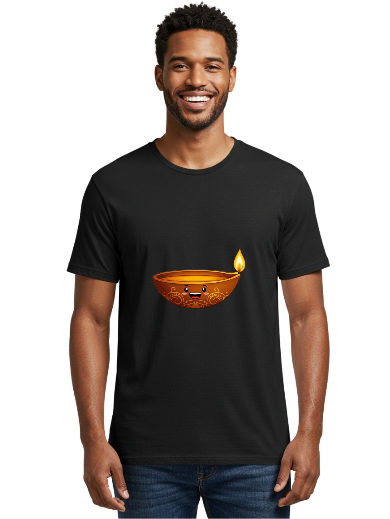 Diya-Lamp Men'S Graphic Tee, 100% Cotton, Comfortable Casual Summer Wear, Machine Washable, Clay Diya Lamp, Lit Diwali Lamp, Indian Culture, Traditional Diya, Diwali Decoration, Festive Season, Happy Face, Smiling Lamp, Orange Glow Bad025 29