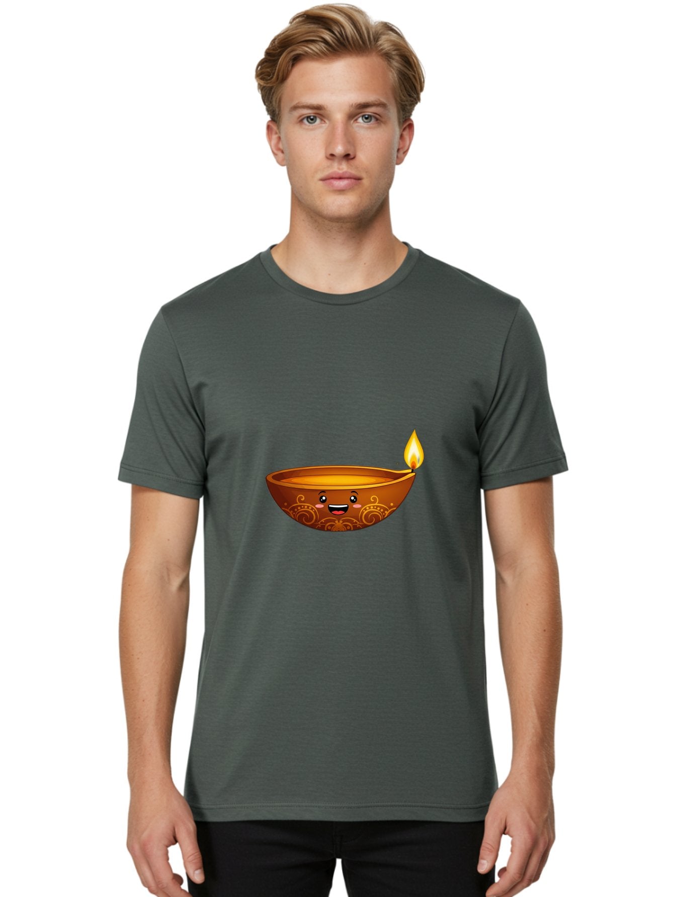 Diya-Lamp Men'S Graphic Tee, 100% Cotton, Comfortable Casual Summer Wear, Machine Washable, Clay Diya Lamp, Lit Diwali Lamp, Indian Culture, Traditional Diya, Diwali Decoration, Festive Season, Happy Face, Smiling Lamp, Orange Glow Bad025 22