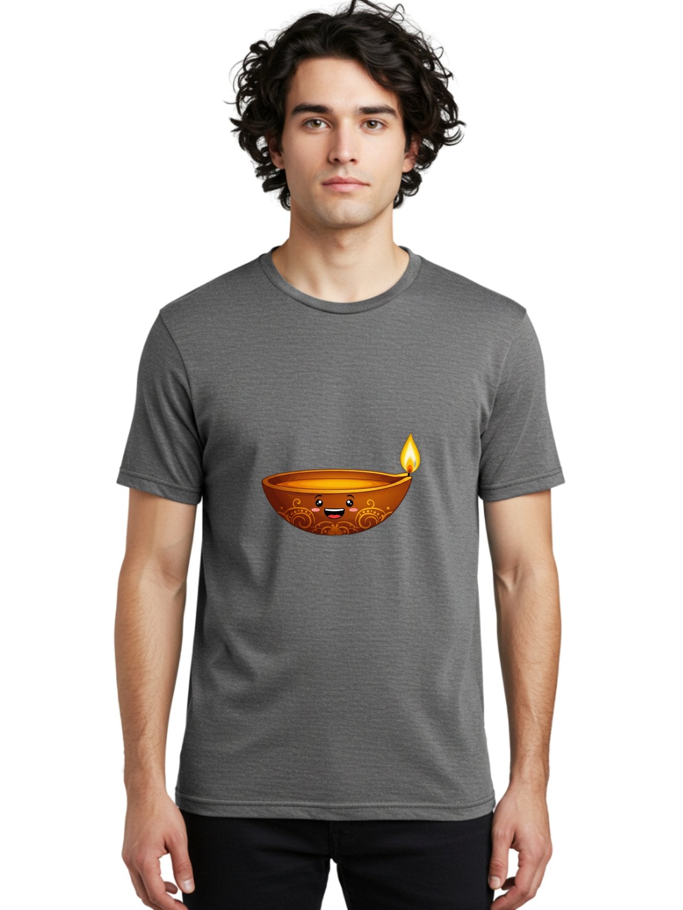 Diya-Lamp Men'S Graphic Tee, 100% Cotton, Comfortable Casual Summer Wear, Machine Washable, Clay Diya Lamp, Lit Diwali Lamp, Indian Culture, Traditional Diya, Diwali Decoration, Festive Season, Happy Face, Smiling Lamp, Orange Glow Bad025 25