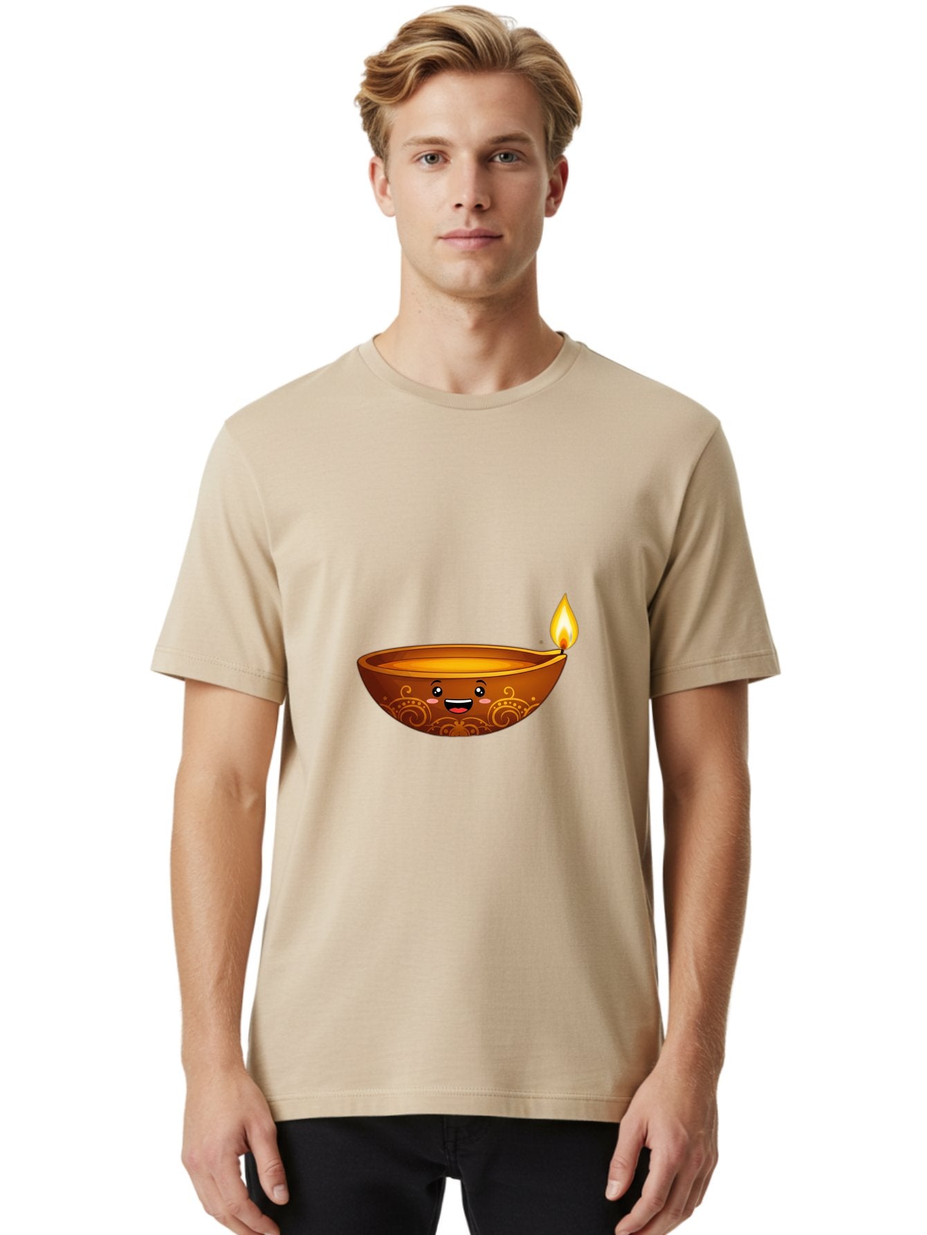 Diya-Lamp Men'S Graphic Tee, 100% Cotton, Comfortable Casual Summer Wear, Machine Washable, Clay Diya Lamp, Lit Diwali Lamp, Indian Culture, Traditional Diya, Diwali Decoration, Festive Season, Happy Face, Smiling Lamp, Orange Glow Bad025 21