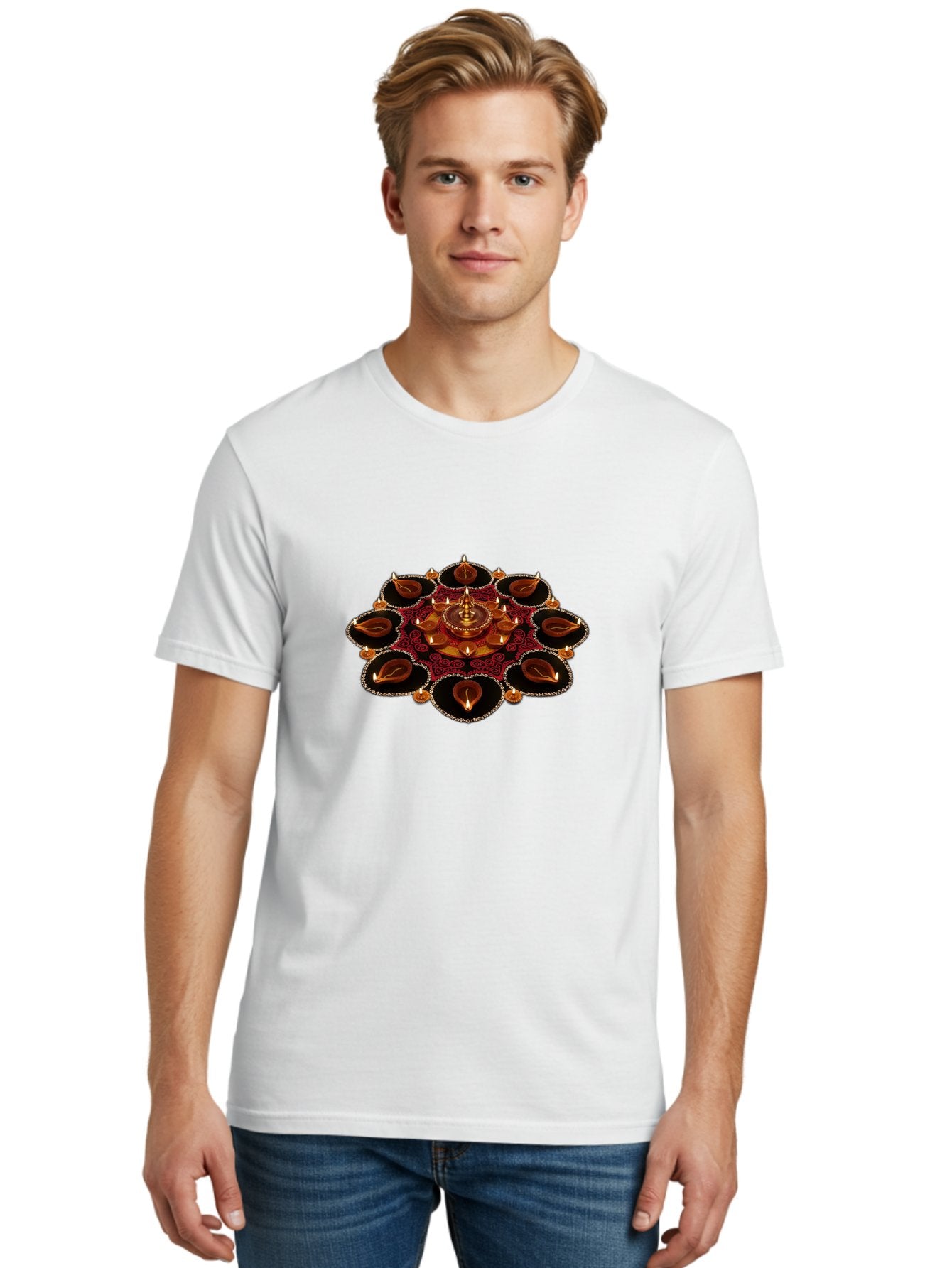 Diya-Lantern-Arrangement Men'S Graphic Tee, 100% Cotton, Comfortable Casual Summer Wear, Machine Washable, Diwali Decorations, Diya Lamps, Festive Lighting, Indian Culture, Traditional Diyas, Rangoli Design, Glowing Diyas, Intricate Patterns, Bad026 30
