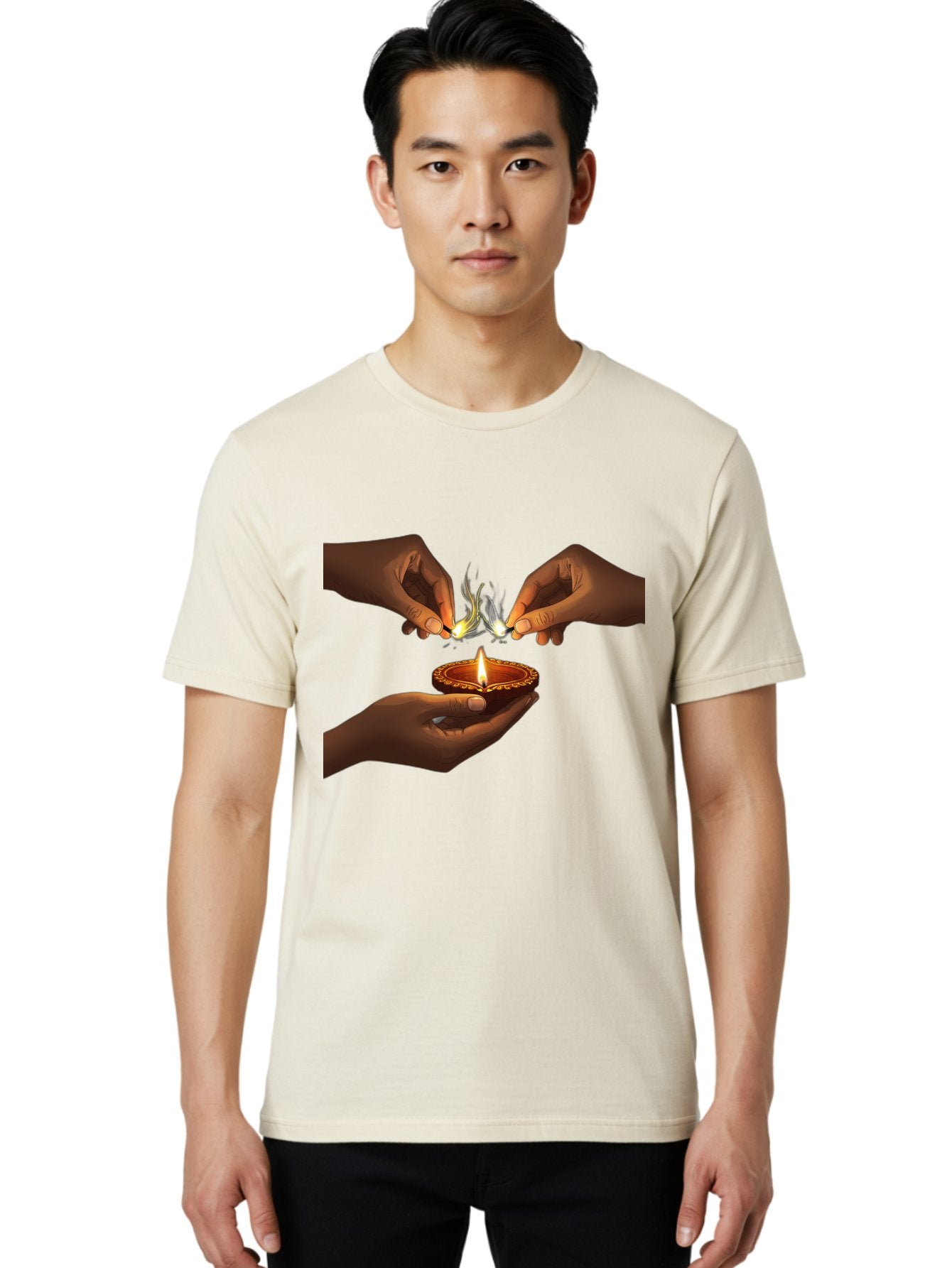 Diya-Lighting Men'S Graphic Tee, 100% Cotton, Comfortable Casual Summer Wear, Machine Washable, Lighting Diya, Traditional Indian Lamp, Unity In Diversity, Cultural Heritage, Festive Atmosphere, Togetherness, Harmony, Diwali Celebration Bad027 23