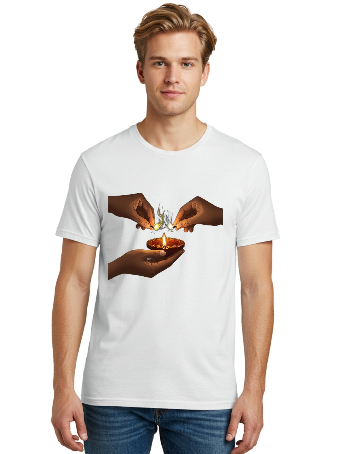 Diya-Lighting Men'S Graphic Tee, 100% Cotton, Comfortable Casual Summer Wear, Machine Washable, Lighting Diya, Traditional Indian Lamp, Unity In Diversity, Cultural Heritage, Festive Atmosphere, Togetherness, Harmony, Diwali Celebration Bad027 26